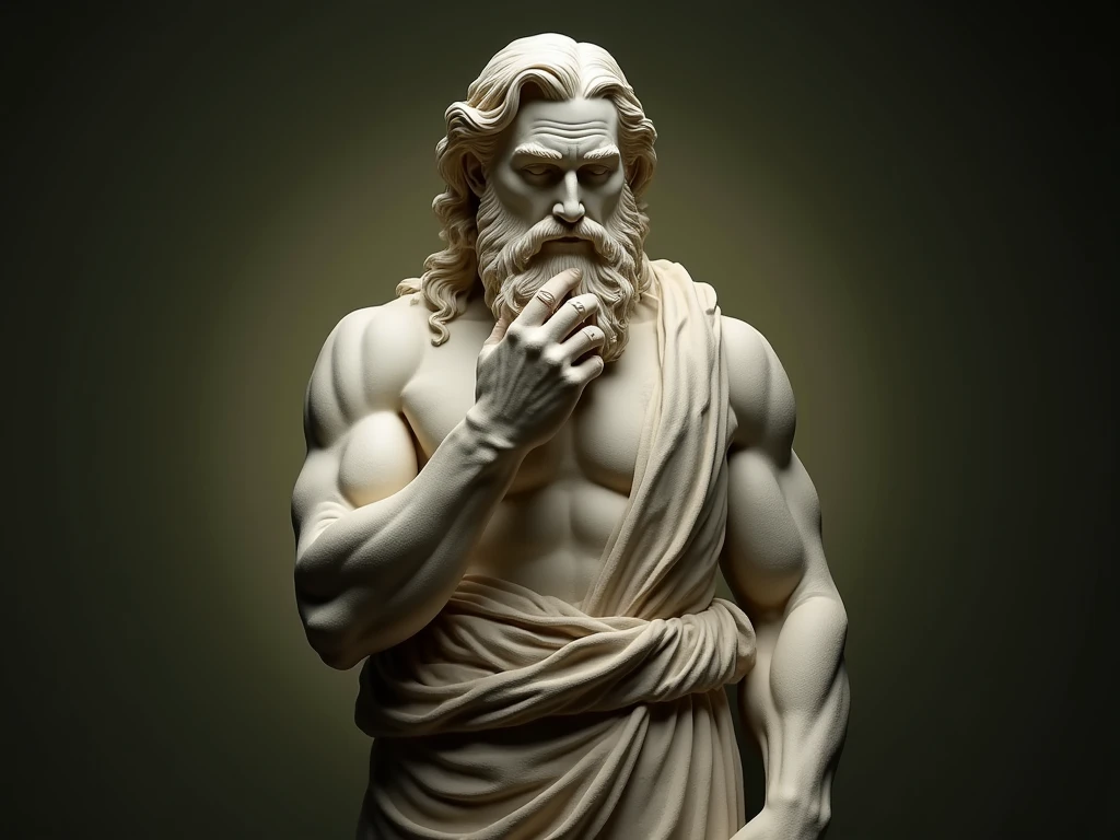 A realistic Greek white marble statue of Aristotle, brawny, brave and scary, detailed wearing a ghostly toga, neutral background, temperamental, , photorrealistic, Horror Movie Dinner, super detailed, hyper realist, dark galaxy background, , close-up and serious face with hand over mouth as a sign of silence