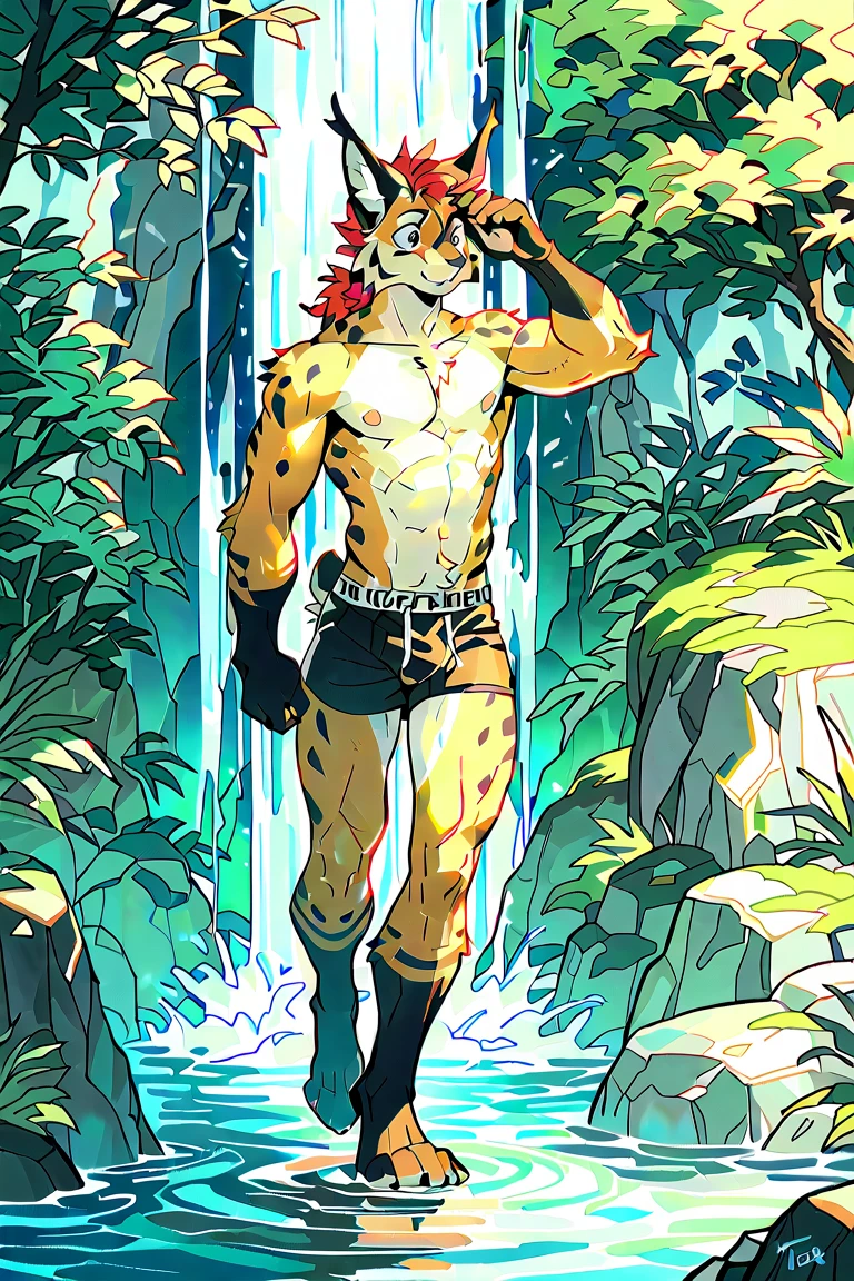 (best quality, highres), cheetah-human, male, taller, black pants, white t-shirt, solo, non-human, teen, cheetah-man, detailed eyes, detailed lips, athletic physique, confident expression, outdoor scene, lush greenery, warm sunlight, dynamic pose, realistic rendering, vibrant colors, sharp focus, facial hair, huge bulge 