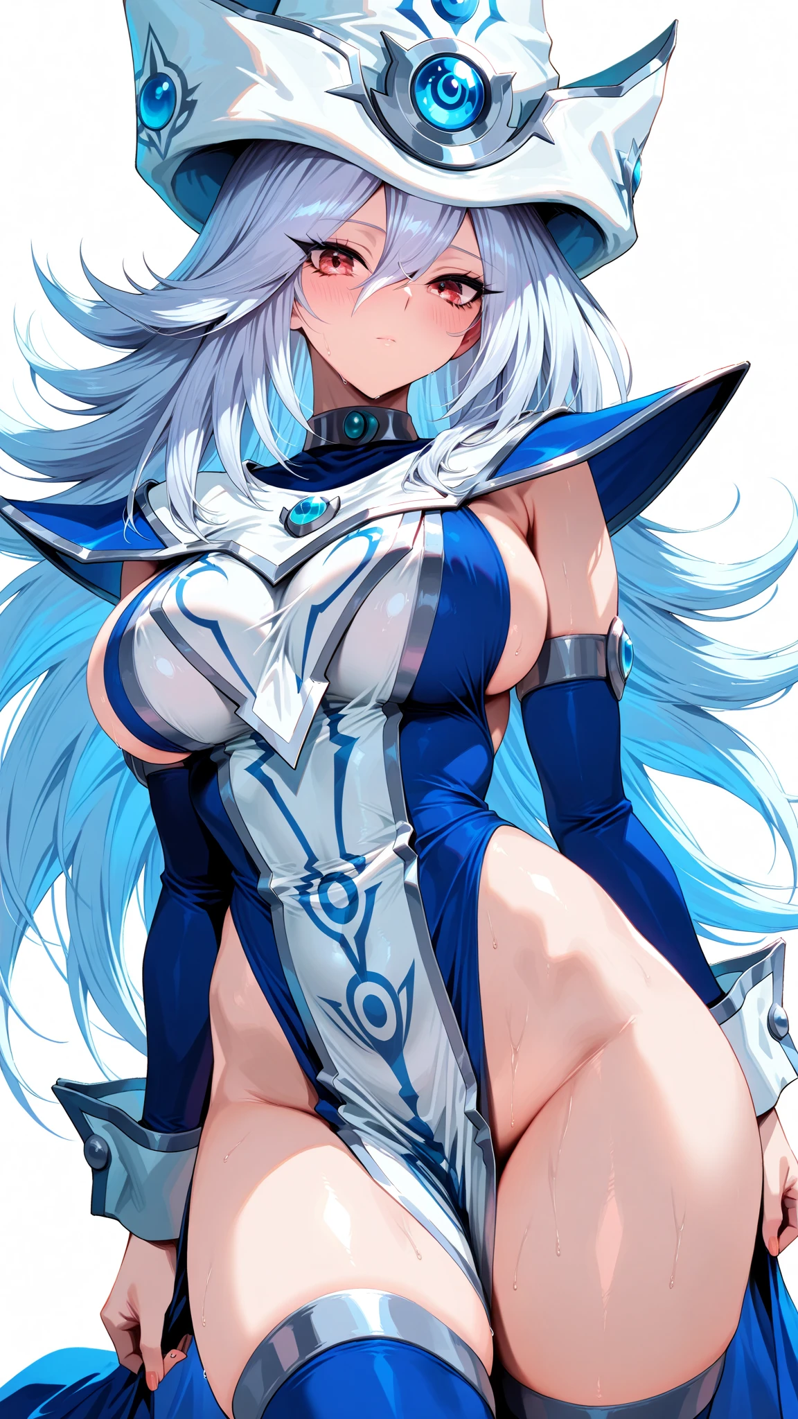 Silent magician, micro bikini ,(( micro bikini, abdomen grande, abdomen colgado, panza)), (vientre colgando), (usando solo sombrero y guantes blancos),  long hair, cabello blanco, Curvy body, very small breast, pezones claros,nude, duel monster, desnuda, pussy, piernas abiertas, standing, pose de combate, lista para pelear, en guardia,  Iparuputsua, magical world background, mundo medieval .