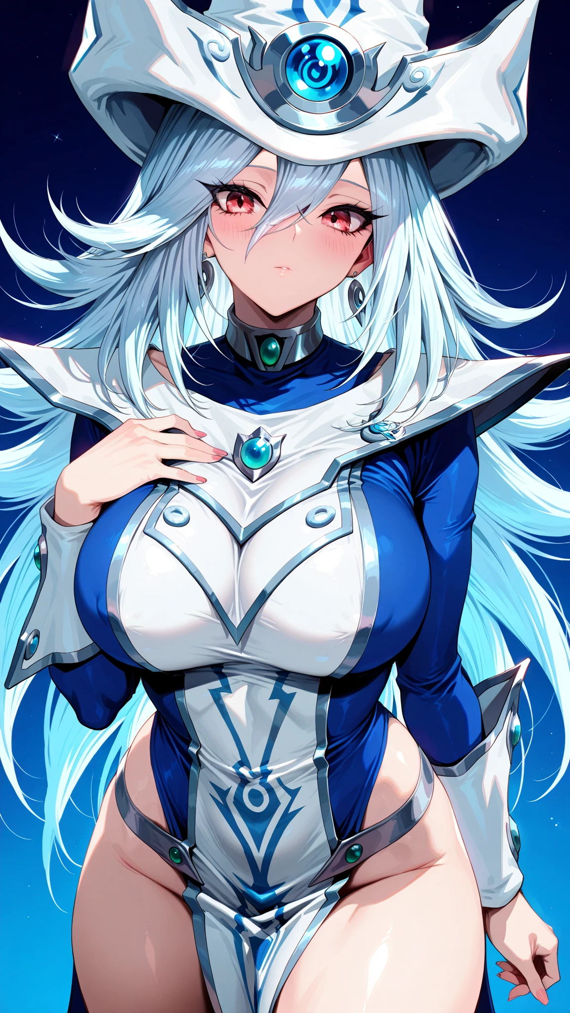 Long white hair, blue eyes, big breasts, girl, magician