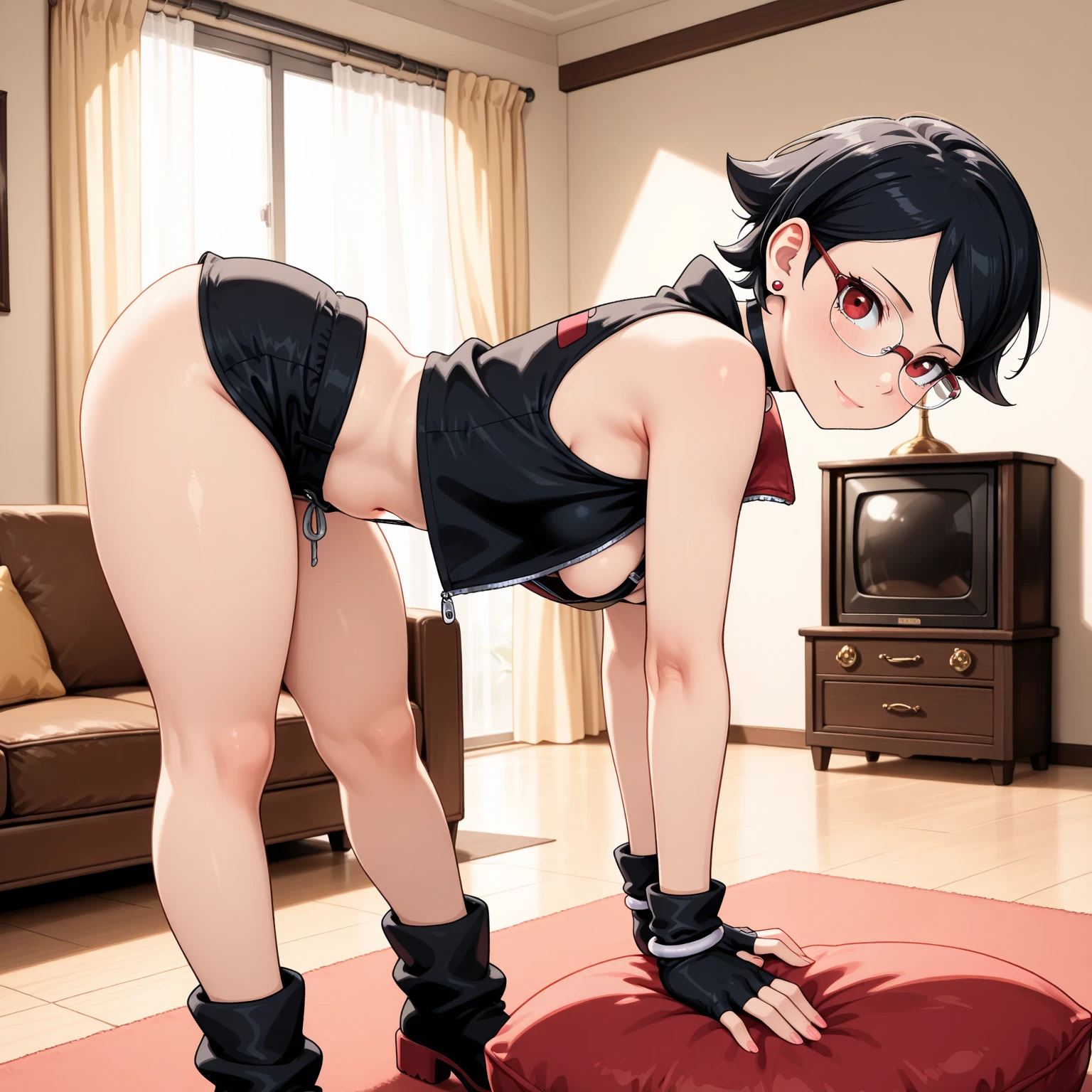 angry, red eyes, an anime character, kanna sasaki, 1girl, oppai_loli, 1loli_girl, solo, short twintails, black hair, boots, large breasts, large hips, school swimsuit,