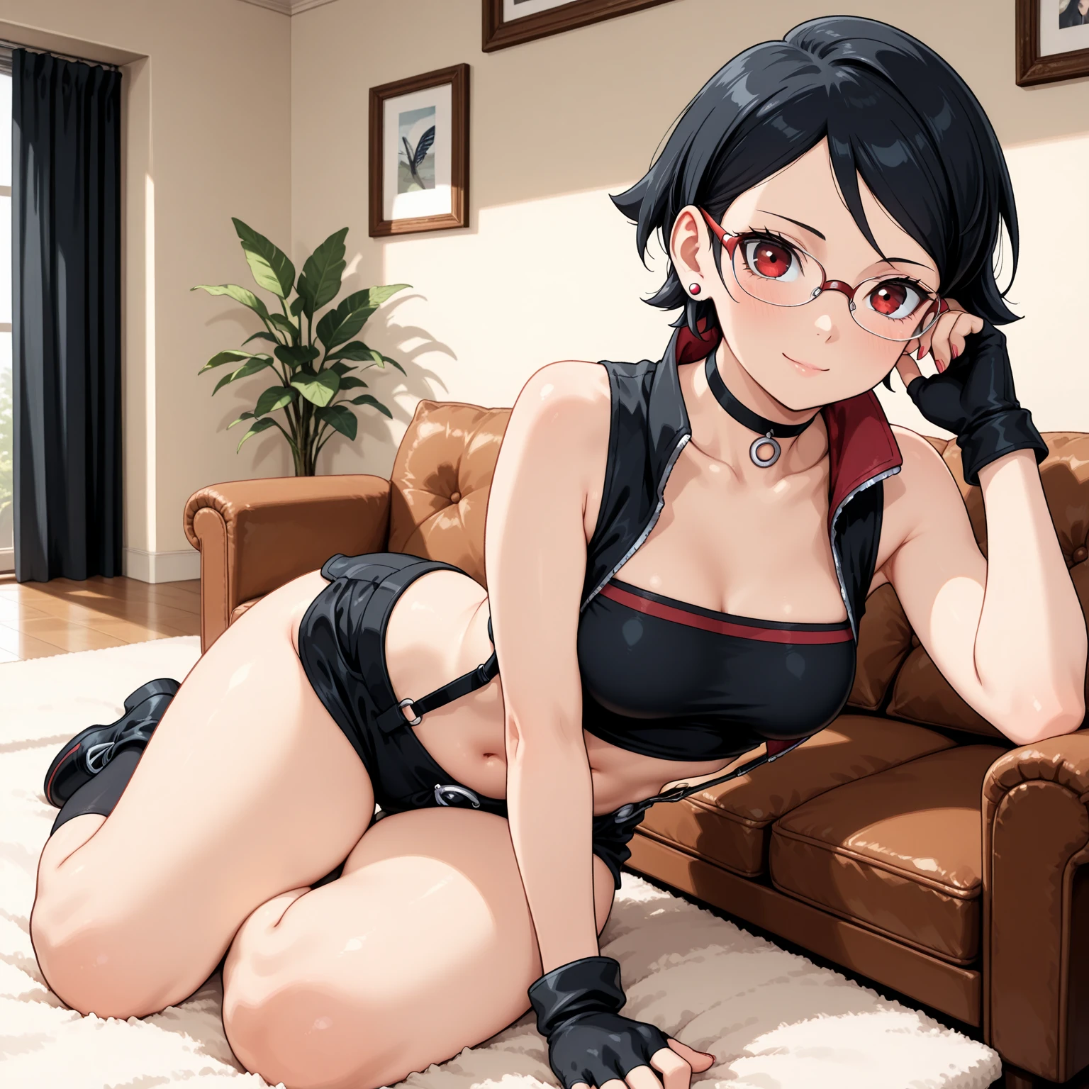 (best quality:1.3), (4k quality),(sharp image), Sarada, ((Detailed face)), ((masterpiece face)),((perfect detailed eyes)) (blush), Sarada, black hair,  black short  hair, red eyes, red lips, red lips, sly face, face with stern features, ((detailed face)), perfect face, highly detailed eyes, masterpiece, absurdres , (intricate details), (colorful),cinematic lighting,extremely detailed CG unity 8k wallpaper , 1girl, solo, mature female, erected tits, fit body, cameltoe, glasses, bomber, black boots, black tight top, black shorts, bedroom , naughty smile, (( small  breast)), sitting in the splits, seductive pose, 