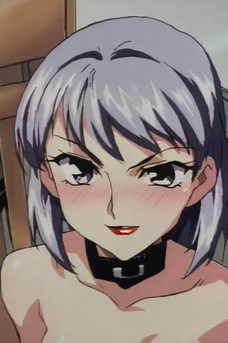 One Girl,Gray Hair,Long Hair,bangs,Swollen lips,Painted lips,Thick lips,Eros Smile Face,Oily,Shiny skin,Big Breasts,Cleavage,Clothes that fit the body