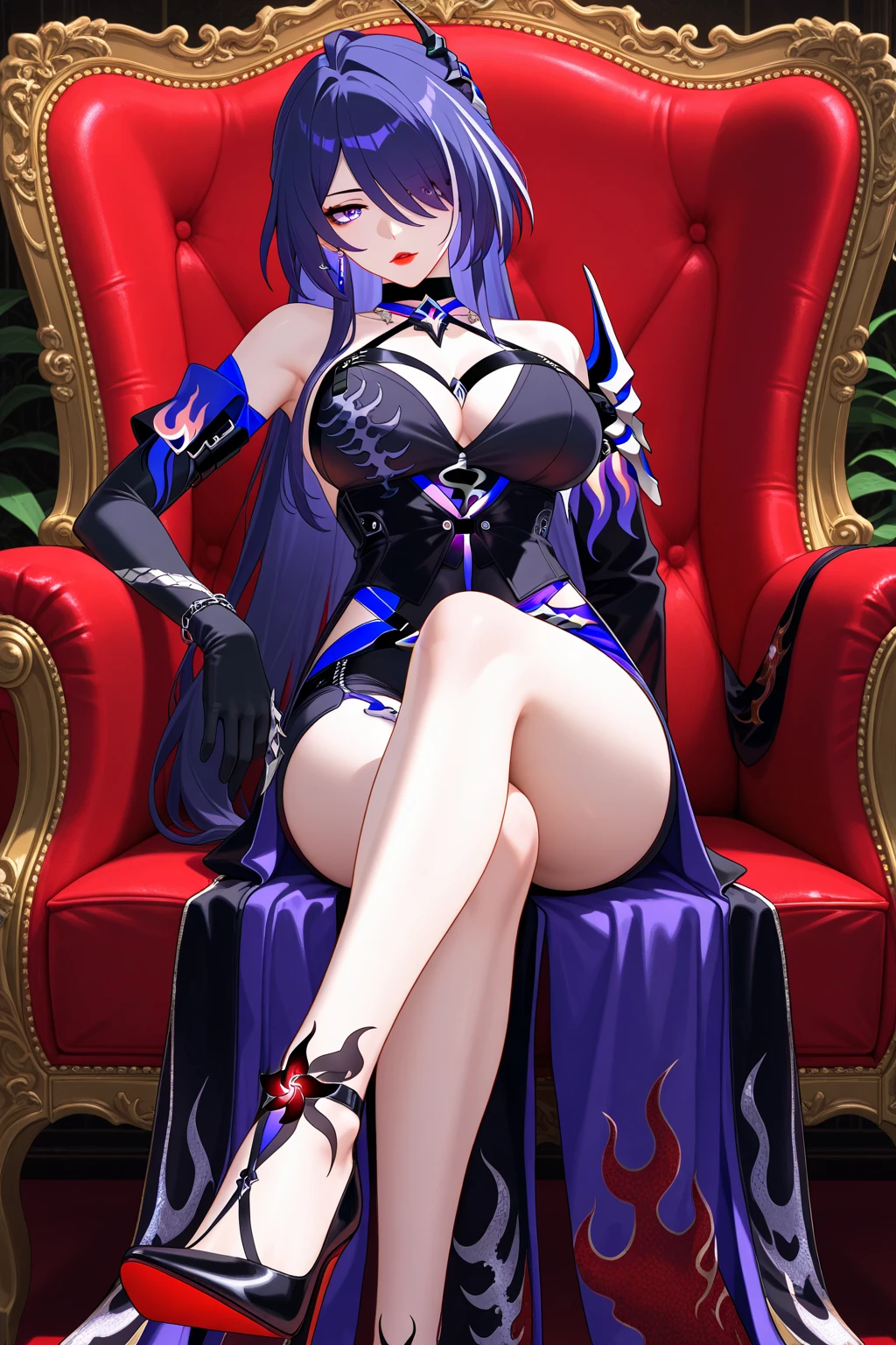 Highest resolution, 8k, ultra detailed outfit, ultra detailed digital illustration, trending on pixiv, (1 girl, solo, mature woman), dark purple hair with silver tips, large breasts, black eyes, (black veil, saw-tooth teeth, jagged teeth), elegant blue blazer, white blouse, deep V-neck, (black stockings, black pantyhose, black boots), (black and purple flowers as hair accessories, black and purple flowers), crossed legs, sexy pose, milf, sitting on a chair, aberrant colours, barren lands as background, colour scheme of background is purple black and blue, light grin, evil aura, curvy waist, long skirt