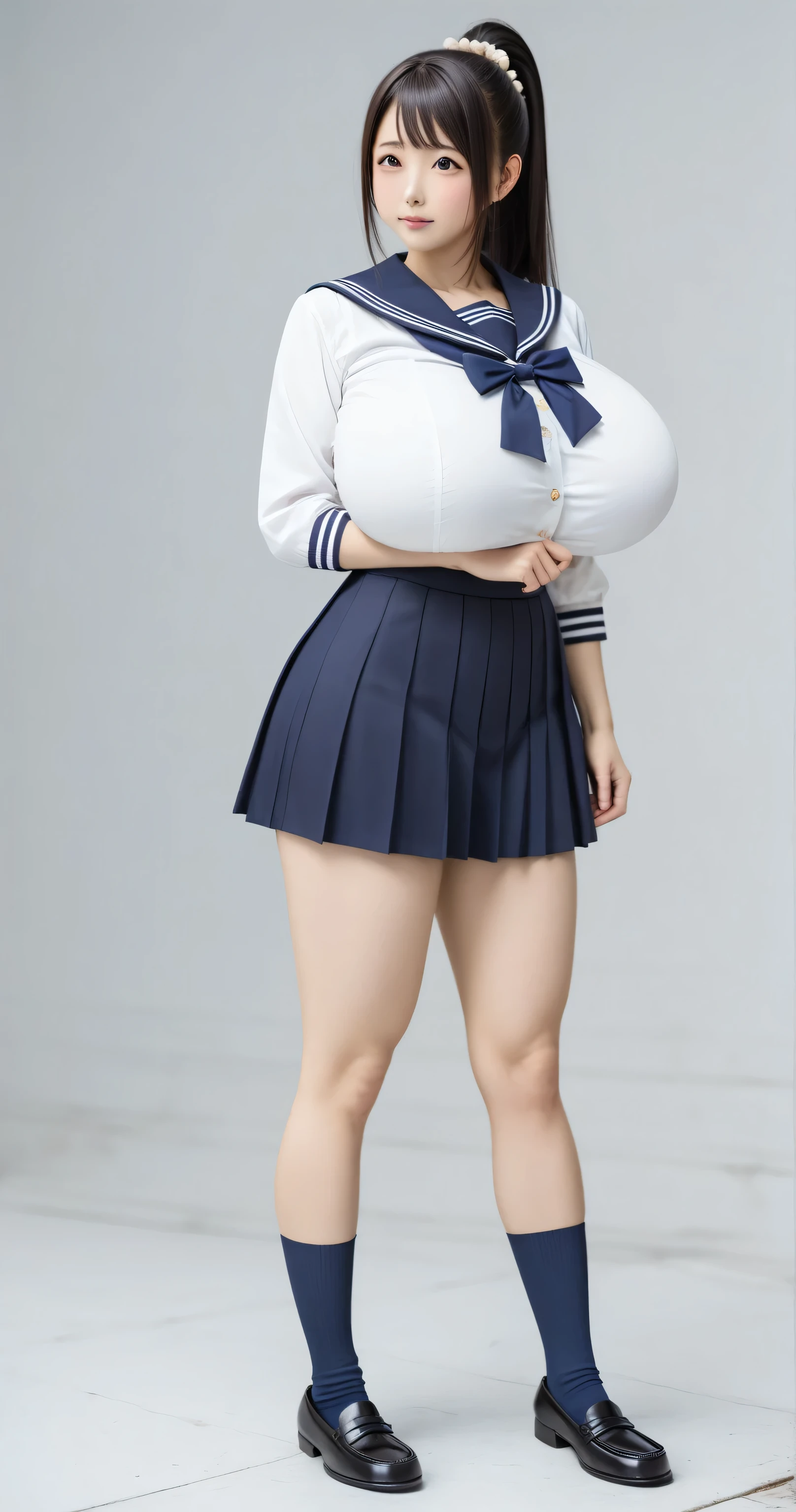 score_9, score_8_up, score_7_up, score_6_up, score_5_up, score_4_up, Source_anime, Tag 1 , Tags 2 , (((Quality_masterpiece, best quality,最高Quality,visible,4k))),Anatomically Accurate, beautiful face, ((( perfect golden ratio face))), (((Nogizaka idol))), 非常に詳細でbeautiful faceと目, (((dark brown eyes))), attractive face on back, detailed face, Delicate Faces, DETAILED SKIN, wide , (((Perfect body with a model figure))), sensual woman, beautiful Japanese girl, 23 year old beautiful girl , Maternal , Enchanting, embarrassing, Shy, Facing, Rating_blatant, ((Extremely Huge Impossible :899.99)),long hair,black hair, ((ponytail that flies the plate)), ((high school sailor suit)), (((dark blue socks))), ((( FULL BODY TO FEET ))),(((Student loafers)))