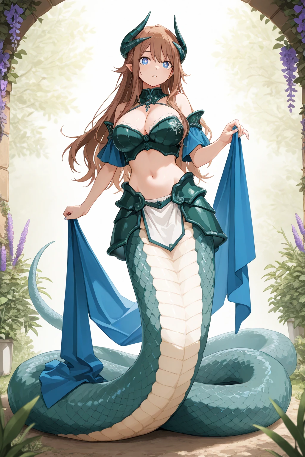 lamia, solo, Emma Watson, demon horns, pointy ears, demon girl, one hand holding doorframe, broken door, wooden door, one hand on hip, halter top, green scales, pale skin, marilith 
