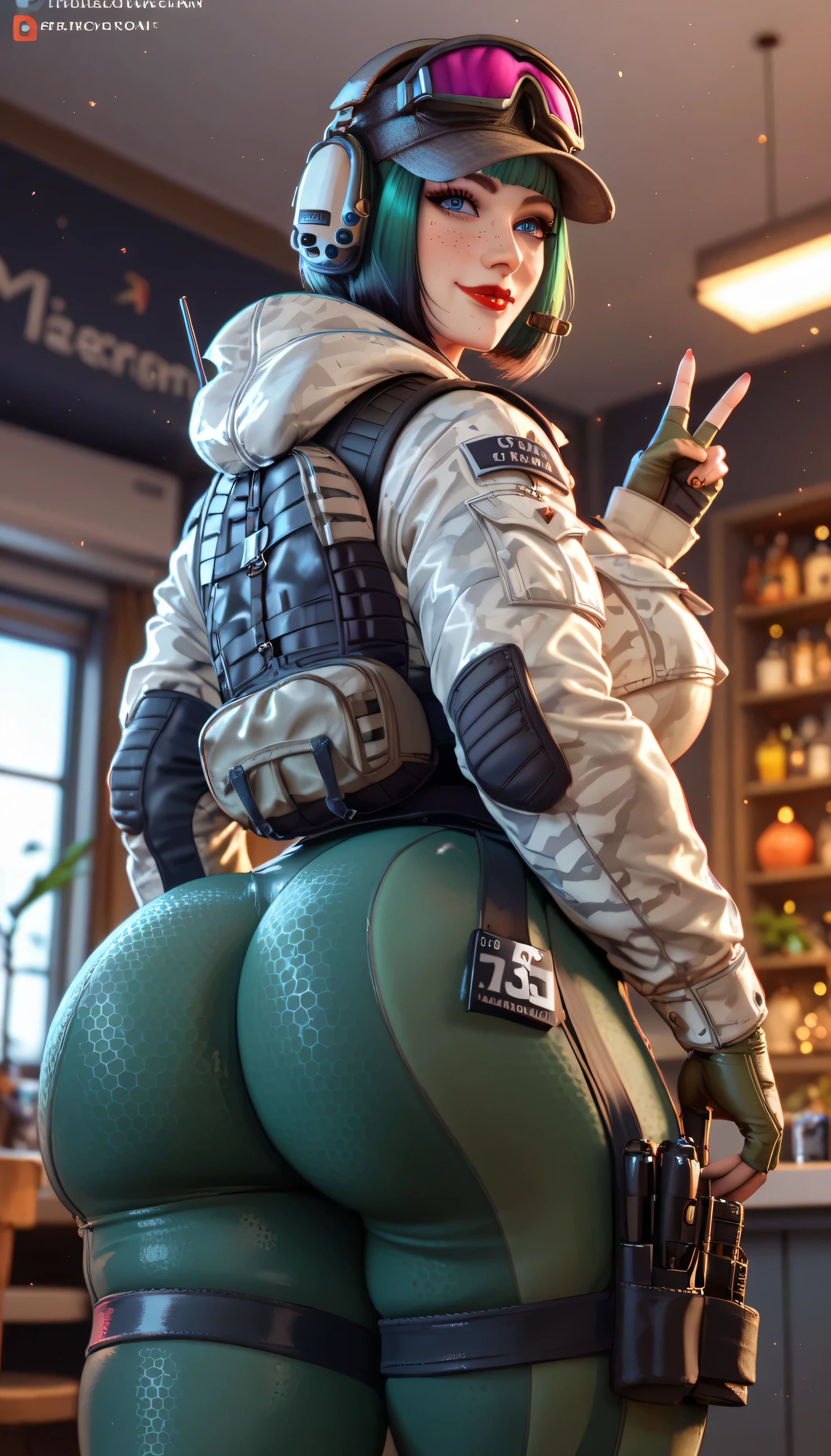Ashe from Overwatch, sexy girl with short silver hair, nude, red lips, thick ass and big tits