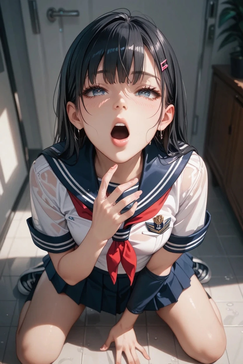 (Photorealistic:1.5), (masterpiece、Highly detailed 8K CG、Sharp lines:1.2)、hi-school girl、A dark-haired、thighs thighs thighs thighs、Beautiful anime 、Smooth Anime CG Art、Beautiful anime 、Beautiful anime girl, (10year-old beautiful girl:1.4), Detailed skin, (gleaming skin:1.6)、short-hair、Beautiful black hair、brown Eye、(many streaming sweat:1.2), (flat chest:1.7), (Muscular thighs:1.4), (gaunt:1.6), (latex student clothes:1.7), (a sailor suit:1.6), (Dark blue pleated skirt:1.6), (full body:1.4), solo, (one girl:1.4), standing, from front , (from below:1.3), Inside the classroom, (blush:1.5), (anguish:1.4), (spread legs:1.4), open mouth, (Lots of clear drool overflows from her mouth and drips from her chin.:1.5), (half closed eyes:1.6), (Sweat pouring from her pubic bone:1.4), (crying:1.4), (many Tentacles clinging to her:1.5), (short sleeve:1.2), (She sticks out her long tongue:1.5)