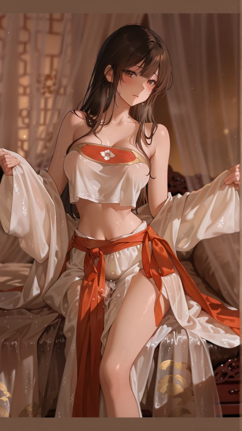 ((best quality)), ((masterpiece)), (detailed), Perfect face,Red kimono,The cuffs and lapels of the large sleeves are tied with this red silk scarf,Shrine maiden,Red long hair,Delicate brushstrokes,Soft and smooth long hair,Round forehead,Long eyelashes,Deep rose red eyes,Swan-like neck,Clear butterfly bone,Delicate and soft skin,Exquisite calves,Slender ankles,Slender figure,The downside is that there is a lack of agility between the eyebrows and eyes,belly button,Navel,exposed,beauty,Shoulders,Fair skin,Beautiful clavicle,White arms,beauty的玉足,Slender waist,Lying on the bed