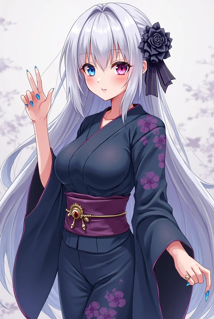 masterpiece, 最high quality, High resolution, SA1, young girl, pink long hair, fox ears, heterochromia, White eye on the left and purple eye on the right, Purple kimono, open shoulders, big breasts, smile, masterpiece, high quality