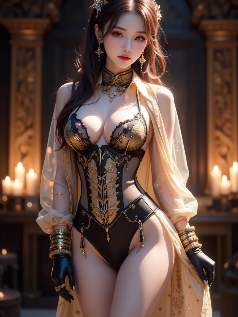 ((highest quality)),(ultra high resolution),(Super detailed),(detailed description),((best CG)),(best work of art),super precision art,great drawing art,(Art with precise details:1.5), (1 woman:1.5),colorful corset dress:1.6,beautiful and well-shaped face:1.5,natural makeup:1.5,detailed jewelry:1.4,thin waist:1.3,Beautiful leg lines:1.4,high heels:1.4,