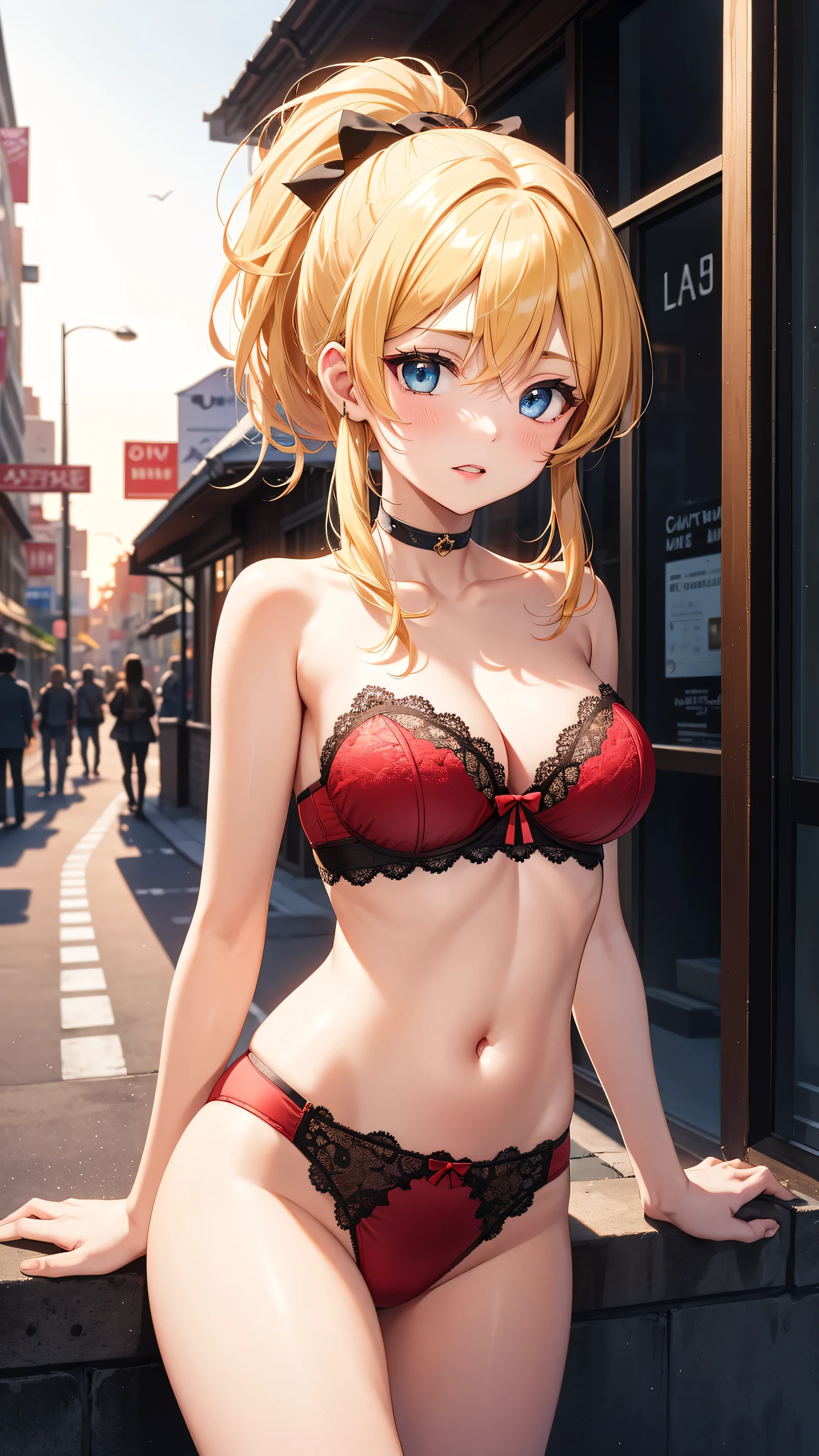 8K picture quality、top-quality、masutepiece、An ultra-high picture quality、ultra-detailliert、Ultra-realistic hair quality、Vibrant colors、Beautuful Women、Beautiful long hair、Shiny hair、detailed hairs、Blue Mesh、poneyTail、Blue eyes、shiny skin of moles in the corners of the eyes,,,,,,、Lace underwear、One mole in the valley、large pectoral muscles、Very gigantic-breasts、Sweat on the forehead and cheeks、extremely big ass、Fluffy off-shoulder yukata、A smile、soft pink lips、Ultra-realistic flesh feeling、Red cheeks、summer festival in background