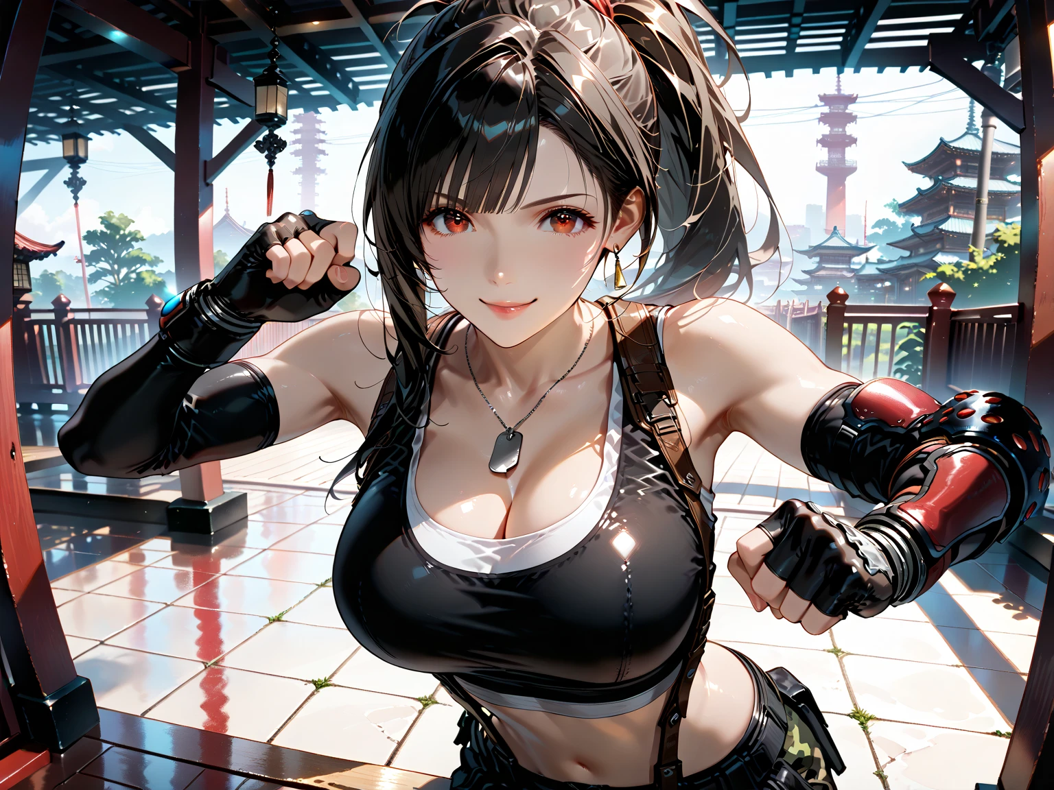 (((beautiful))), ((Ninja, Female ninja, Japanese style)), One Woman, Black Hair, Huge breasts, Cleavage, Thigh, clavicle, ((((Glowing Skin))), (((Intricate details))), High resolution, ((Intricate details, Ultra-detailed)), whole body, Are standing, Black Hair, Night Town