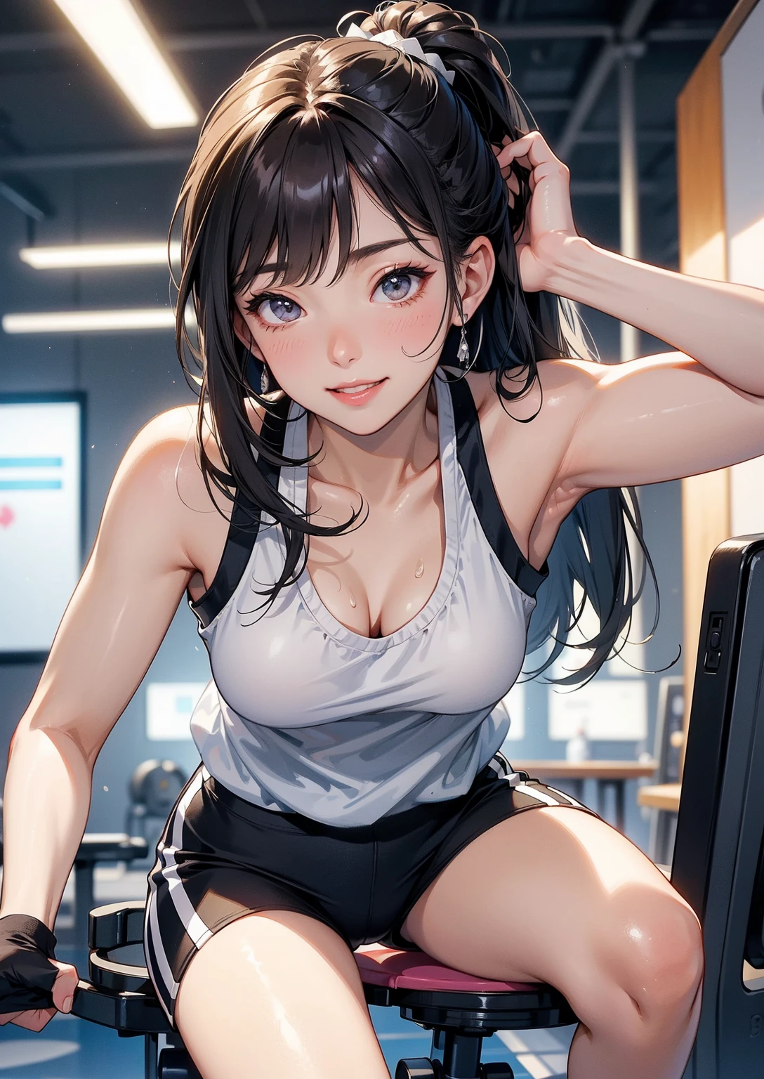 ((masterpiece)), (best quality), (1girl), (solo:1.25), (smiling), (detailed perfect face), (upper body), (detailed eyes), , solo, , multicolored hair, bandaid, smile, brown hair, (exercise), workout, (sweat), (((wiping sweat))), (wiping face), exhausted, streaked hair, long hair, bandaid on face, ((treadmills)), ((weights)), ((gym background)), covered navel, headband, , jacket, looking at viewer, sexy, nerissa ravencroft, from below