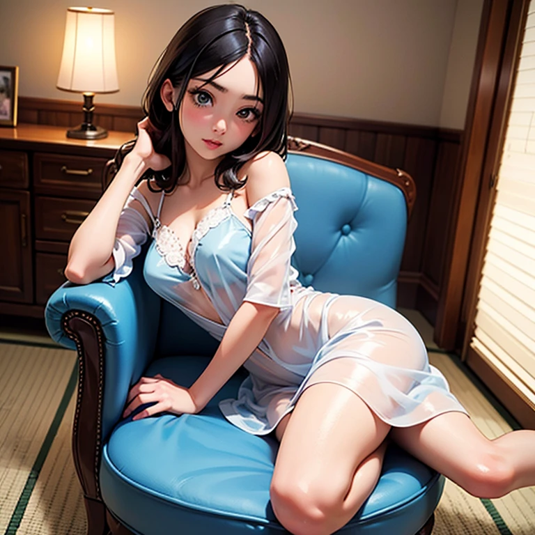 masterpiece, Highest quality,, 8k wallpaper, Very detailed, 1 girl, Sky blue hair, Long Hair, Detailed eyes, In front of the mirror、Taking a selfie、nude、whole body、cute