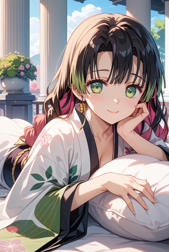 (masterpiece:1.2), (best quality:1.2), perfect eyes, perfect face, perfect lighting, 1girl, mature female wearing jlfd, asian, long red hair, lying on a bed, on her side, looking at viewer, jlfd, green silk, floral pattern, smiling, detailed traditional japanese indoor background  <lora:japaneseLingerie_v10:0.5>