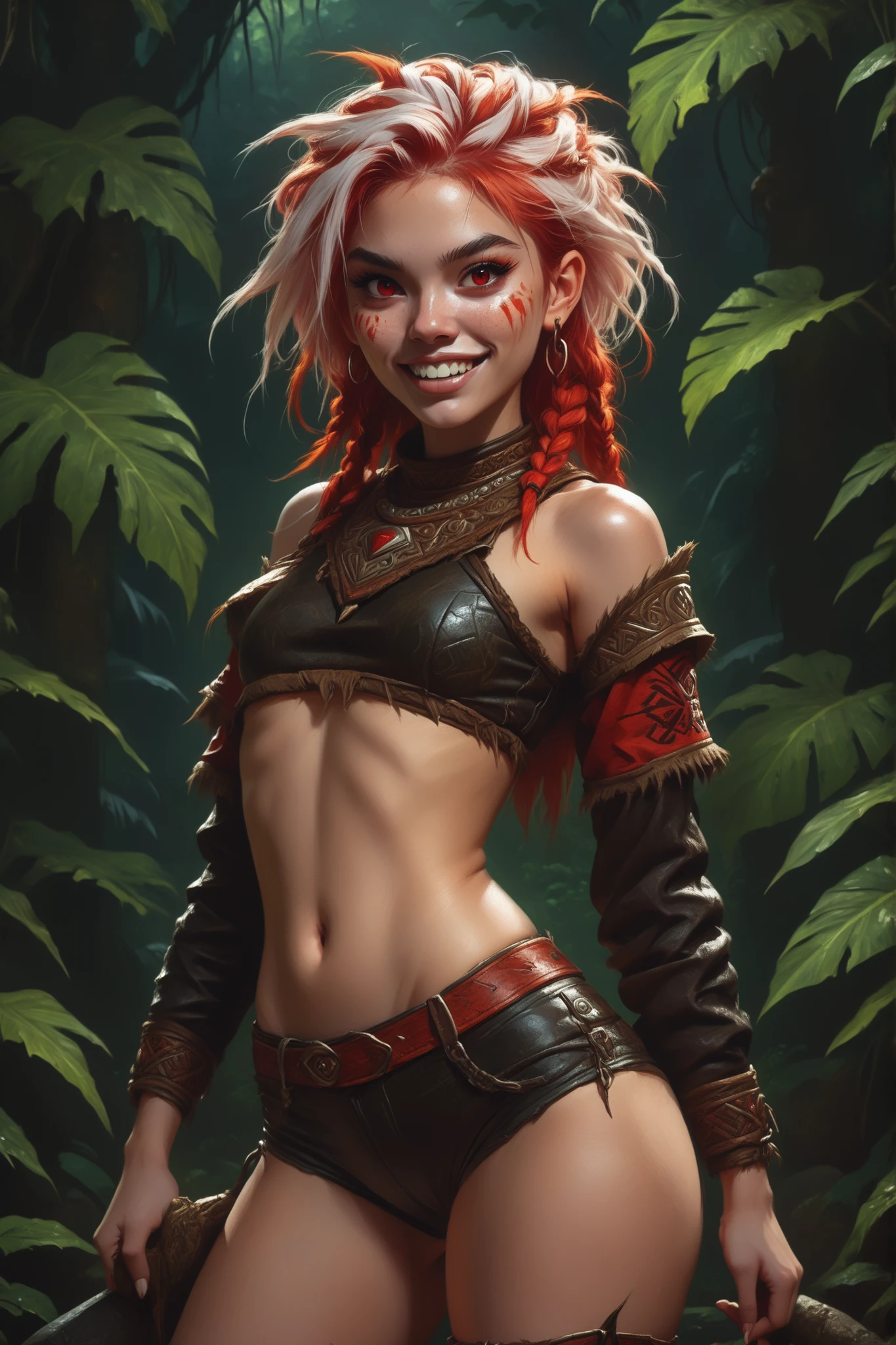 Beaming slime. Slender body. Lean body-type. Marble-White skin. Cute 18-year-old Aztec and Indonesian girl with Asian red eyes and unnaturally sharp shark-like teeth and dreadlocks (white and red hair). Intense red eyes. Sharp and shark-like teeth. She has a cute and beautiful face. Her body is athletic with abs and A-Cup. She wears a beaten-up Aztec leather top and laced leather hotpants. Background: medieval jungle ruins. Realistic lighting. DnD art-style. fake box art, semi-realistic, Looking at the viewer. Drawn like the artist Bob Kehl.