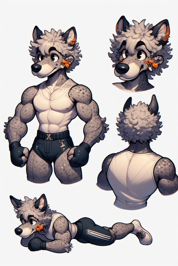 Solo, male (((short, domestic dog, embarrassed expression, fluffy, thin, athletic, blue eyes, black nose, huge pecs, brown spots on legs, white body, white fur, white legs, white arms, white head, brown ears, button ears, folded ears, floppy ears, black eye brows, tail, blue jockstrap, big bulge, pink nipples, huge butt, long snout, looking shy, all brown ears, mostly white fur))) standing, smile, character design sheet, reference sheet, character sheet ((male focus, eye focus, focus white body, focus white fur, focus full body, focus brown ears, focus mostly white body, focus character sheet, focus front and back view, focus side view, focus reference sheet)) black collar, collar, front view, back view, side view, three quarters view, detailed hands, detailed arms, detailed bulge, detailed jockstrap, detailed body, detailed ears, identical, full body, perfect anatomy, by darkgem, by mystikfox61, by glitter trap boy