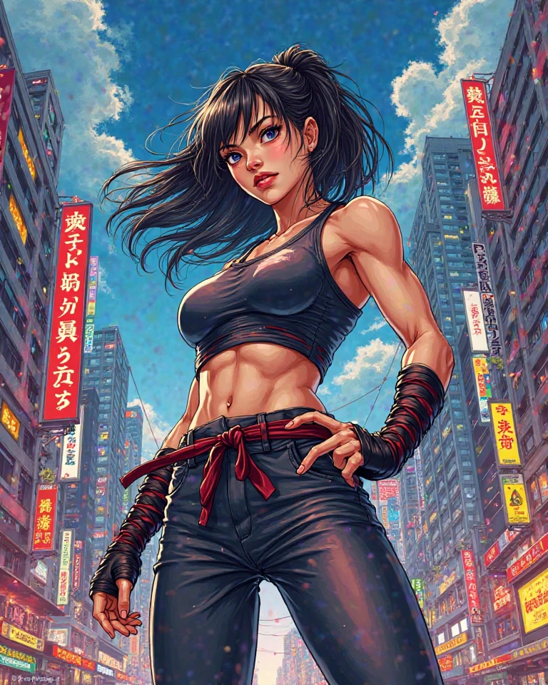 masterpiece, best quality, <lora:tifa-nvwls-v2:0.8> 7rtifa, red eyes, low-tied long hair, earrings, white crop top, suspenders, pleated microskirt ,wind lift,pussy,from below,[skirt lift], black thighhighs, arm guards, elbow gloves, fingerless gloves, large breasts,navel,abs, cowboy shot, looking at viewer, from below, night sky, cityscape ,wet clothes,sweaty,rain,depth of field, <lora:HomareV1:0.4>