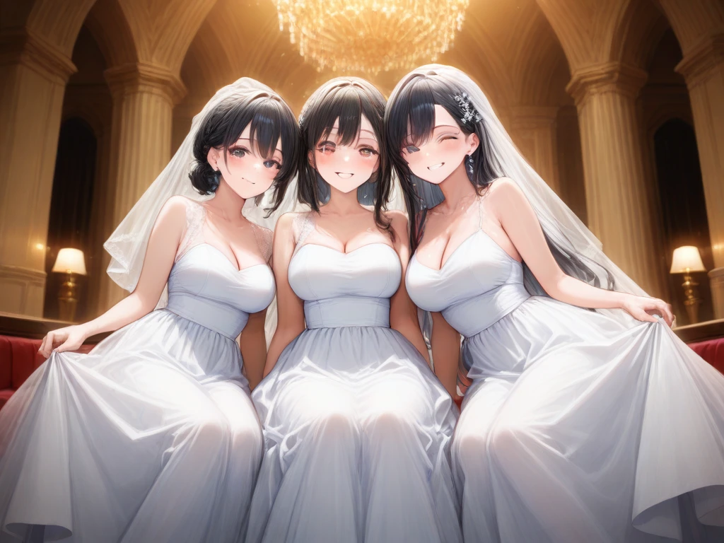 three sexy women in wedding dresses, flirtatious smiles, kneeling, closed eyes, opened mouths yawning