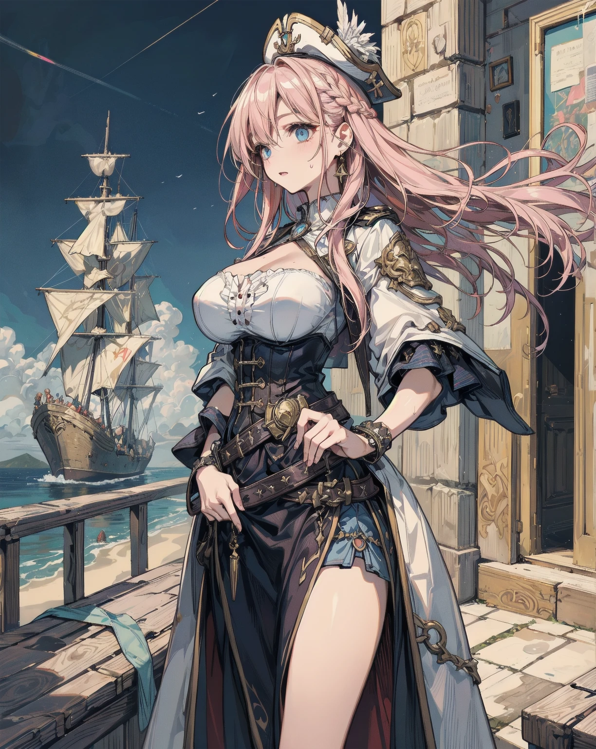 One adult woman, pink eyes, long blonde hair, smile, pirate clothes