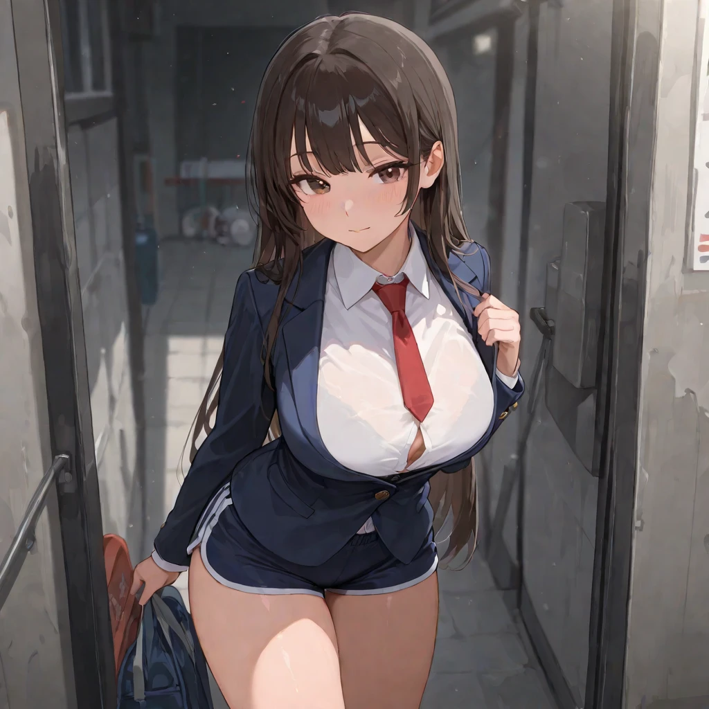officer dva, solo girl, medium breast, wide hips, thighs, against glass