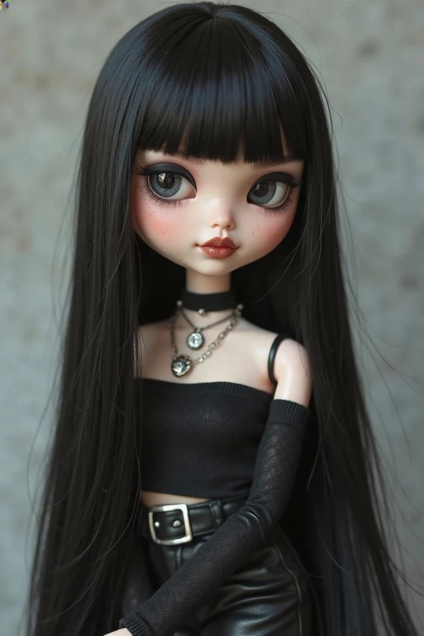 Blythe doll with hair black, eyes black, Big lips, nose long, skin white, arched eyebrows