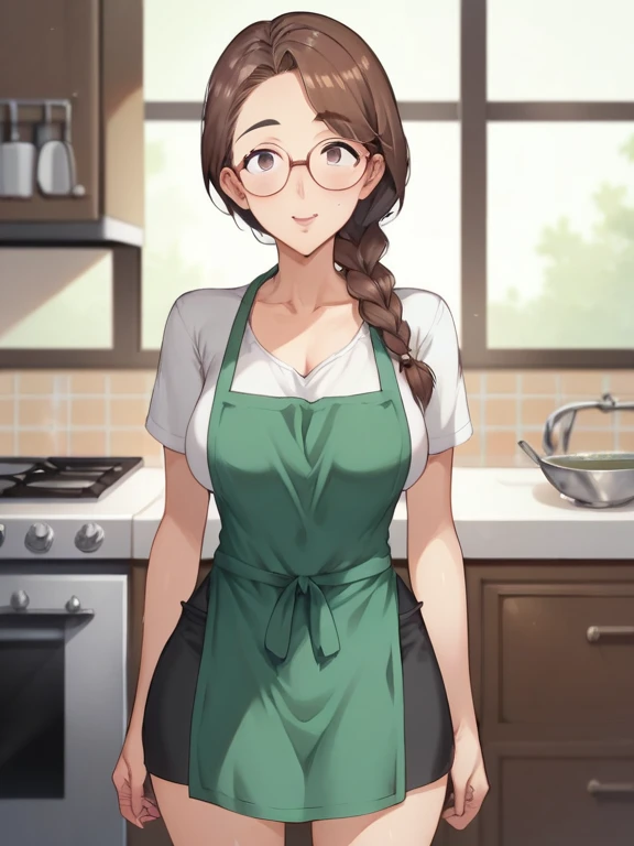 Adult female, highly detailed, glasses, short black hair wolf cut style tied back, blue eyes, smile, kitchen, green apron, black shirt, black jeans, perfect eyes, high quality, best quality, big head, cooking, happy, bad body anatomy