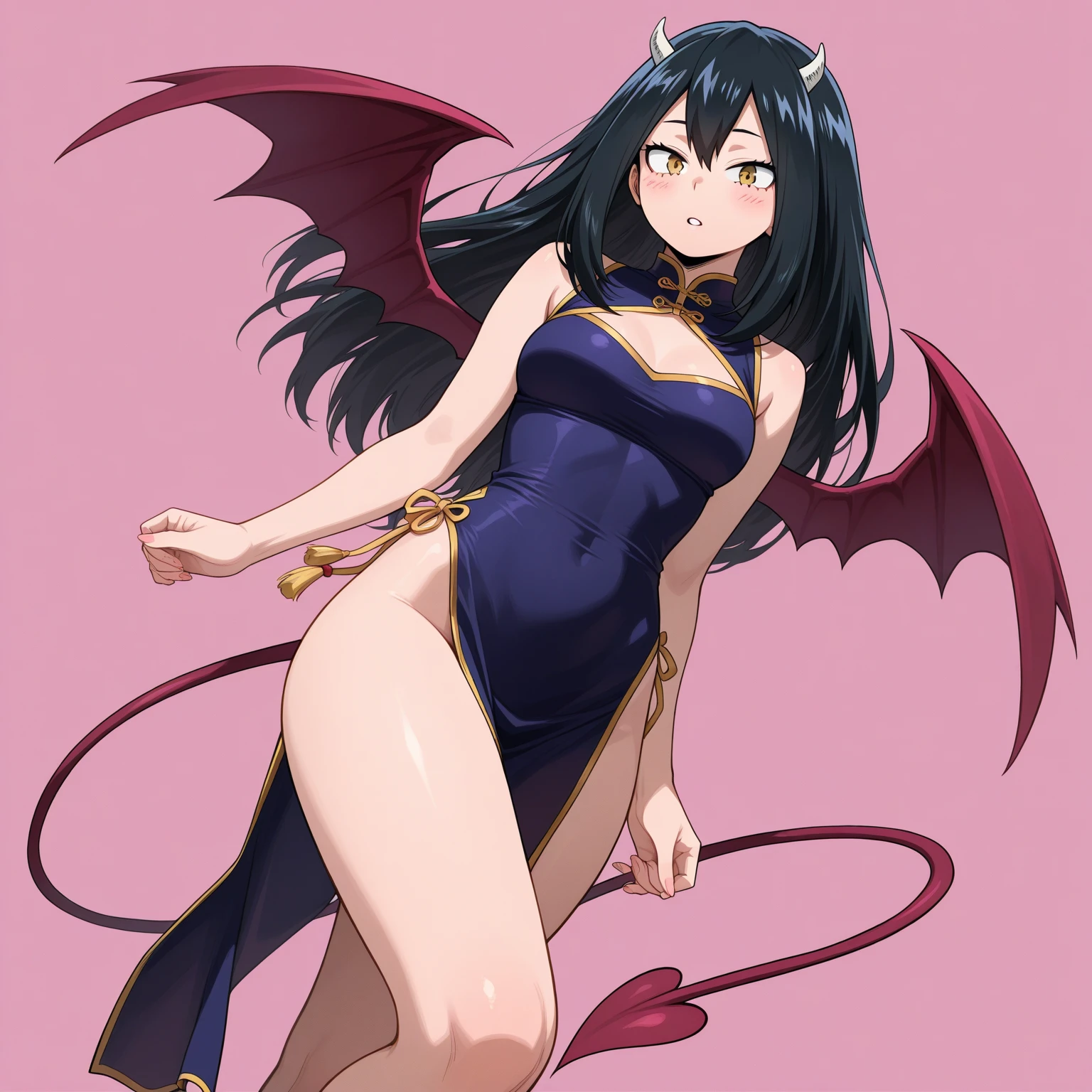 1girl, (pov), (skinny, tall), small breast, long straight hair, dark hair, blunt bangs, sidelocks, blunt ends, orange eyes, (flaming eyes, empty eyes), saliva from mouth, (close mouth), ((cold look)), red skin, horns, succubus tail, wings, long nails, nude, pubic hair, cowgirl pose, penis in pussy, cum, sperm, half body
