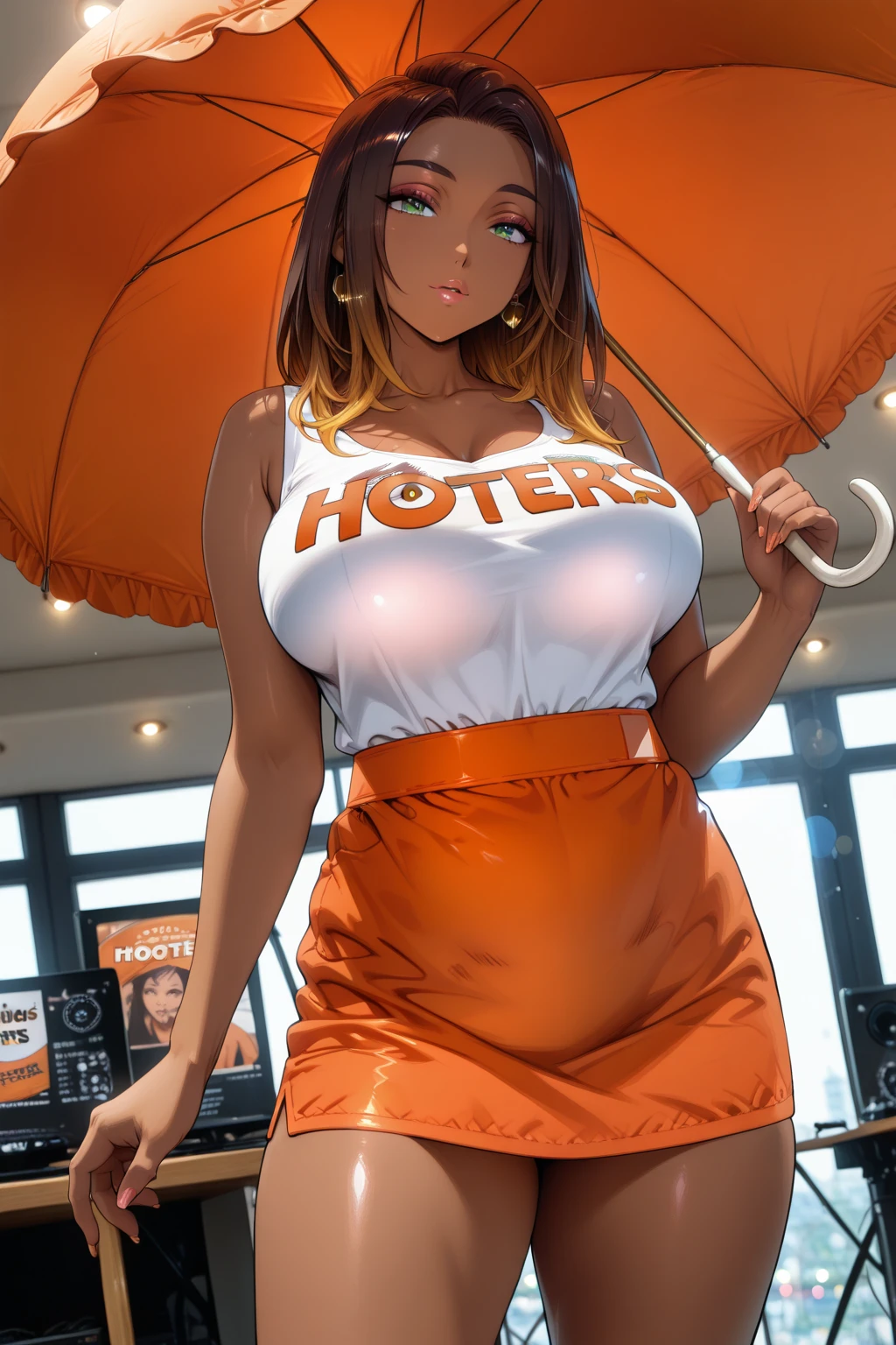 (4k, best quality, masterpiece:1.2), (realistic, photo-realistic:1.37),helsie, drinkin on a beach, standing, , purple long shirt, green eyes, freckles, thick things, aroused, horny