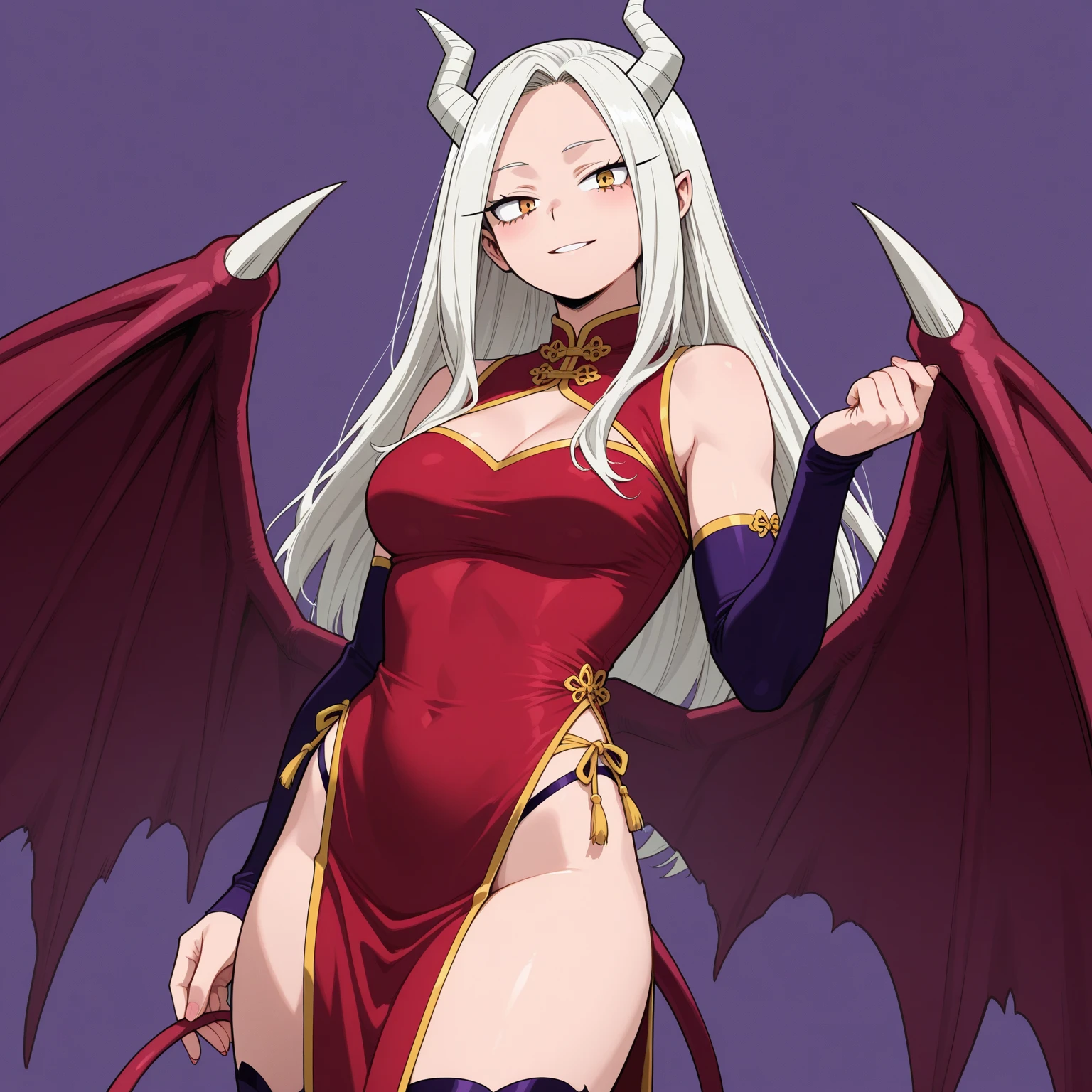 Masterpiece, Best Quality, detailed face, detailed eyes,  HUAbba, demon wings, horns, Sharp teeth, Dark skin, black bikini, standing, big breasts, SMILE afectada, SMILE, muscled woman, side chest,Toned body.