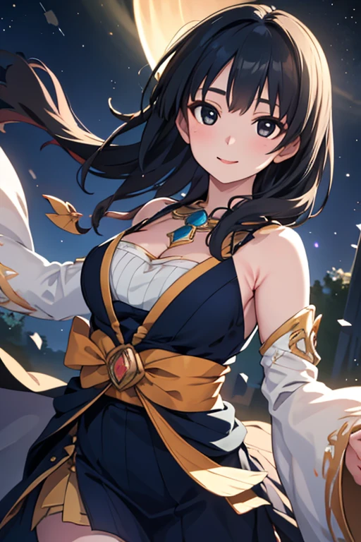 best quality, extremely detailed,anime style girl,long hair down to the waist, straight hair, ((dark black hair with bluish)),((crown braid)),beautiful detailed eyes, pinched eyes, (dark blue eyes),huge breasts,curvy,((Pretty and cutie colorful magical girl dress)),Fine decoration,clothing with complex patterns,smile,fantasy Sky,