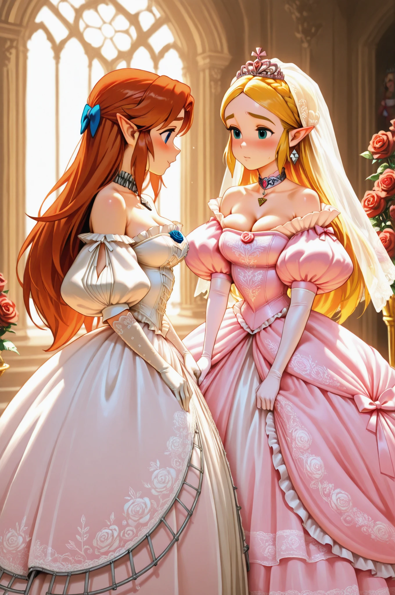 uploaded on e621, explicit content, 3d, (bastika, cutesexyrobutts, hioshiru), female, solo,princess zelda, twpr ((twin braids, long hair, brown hair, glowing blue eyes, wide eyes, tiara, lipstick, makeup, narrow waist, skinny, medium breasts, earrings, alone)), pelvic curtain, ((pink dress,wedding dress, Scooped up the ass, gloves, tiara)), flarge breasts, natural breasts, milf, standing, three quarters portrait, closeup, smile, wedding, garden, dusk