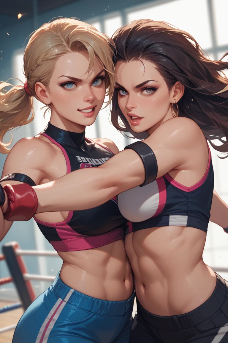 two cute, blonde american high school girl fighters are fighting very hard. They are both wearing skimpy bikinis. They are both built sexy and curvy. they are beating each other in a ring. The one in green is groggy. The one in green is defeated. shortness of breath, drool from her mouth, exhaustion, sweat soaked, High Resolution, Breasts, Accurate, Anatomically Correct, Breasts, the one in green is blushing, Parted Lips, the one in green is crying, Heavy Breathing, the one in green has a Full-face Blush, the one in green has a nosebleed