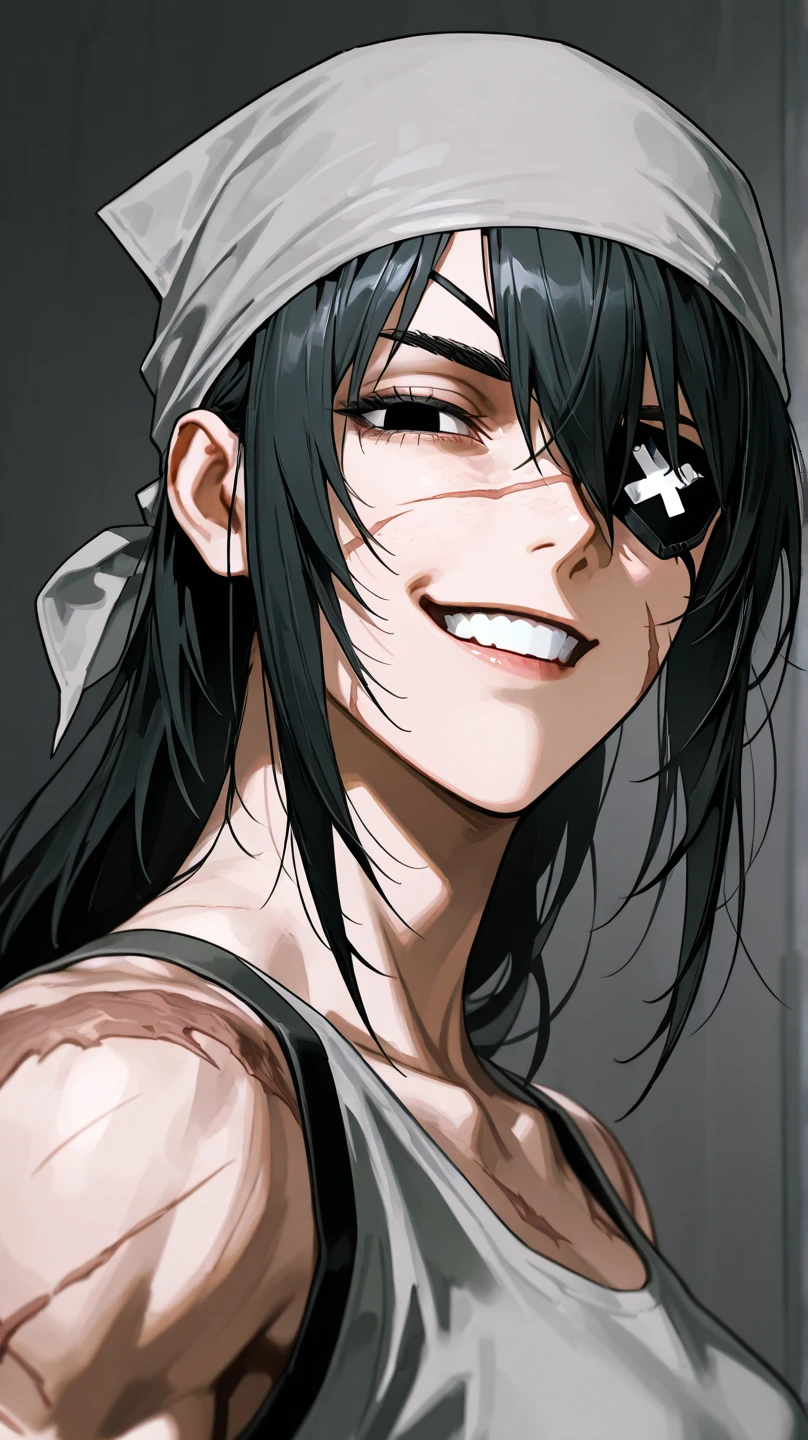 The Asian man, He is showing his naked torso.., black hair, black eyes, broad, thin man, White background, broad, Focus on his face, is biting a condom. hot image, Has long hair