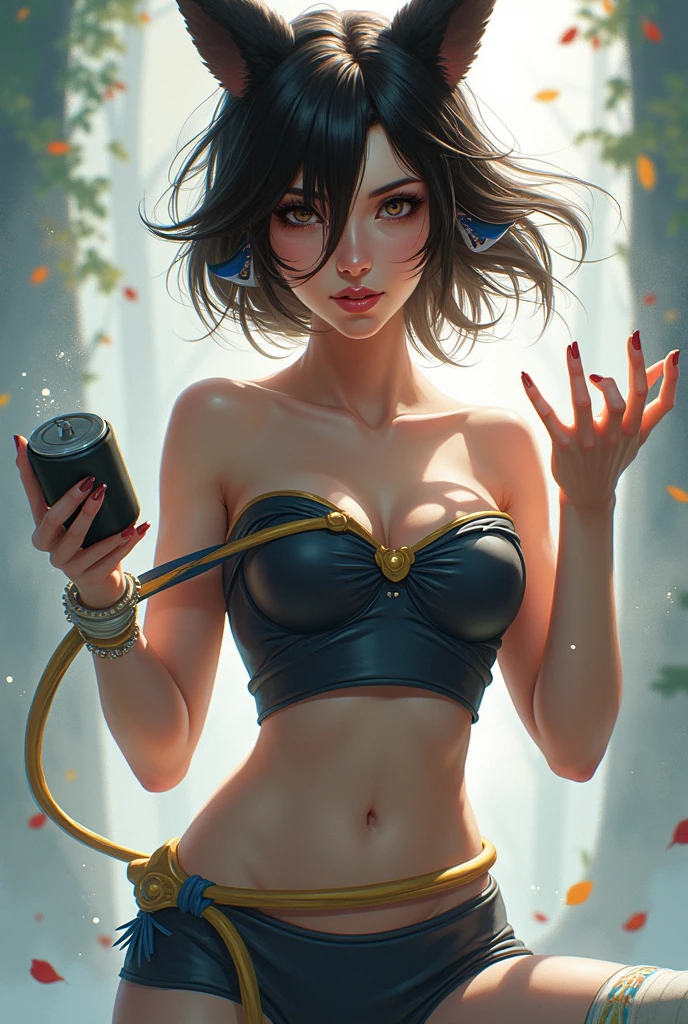 Oh, league of legend, sexy for, wallpapers, detailed eyes, fox ear, (fox tails), a skirt, (long pink fur), medium breasts, Looking at_It is shown in_Looking atl espectador, short_hair, gloves, belly button, fail, blue_there are eyes, Eternal, full_body, weapon, Footwear, necklaces, negro_gloves, pulp, hooded, hair_overcome_Yoon_there are eyes, Cultivator_above, hoodie, negro_pants, sneakers, Cut_jacket, cyber punk character, Cut_hoodie