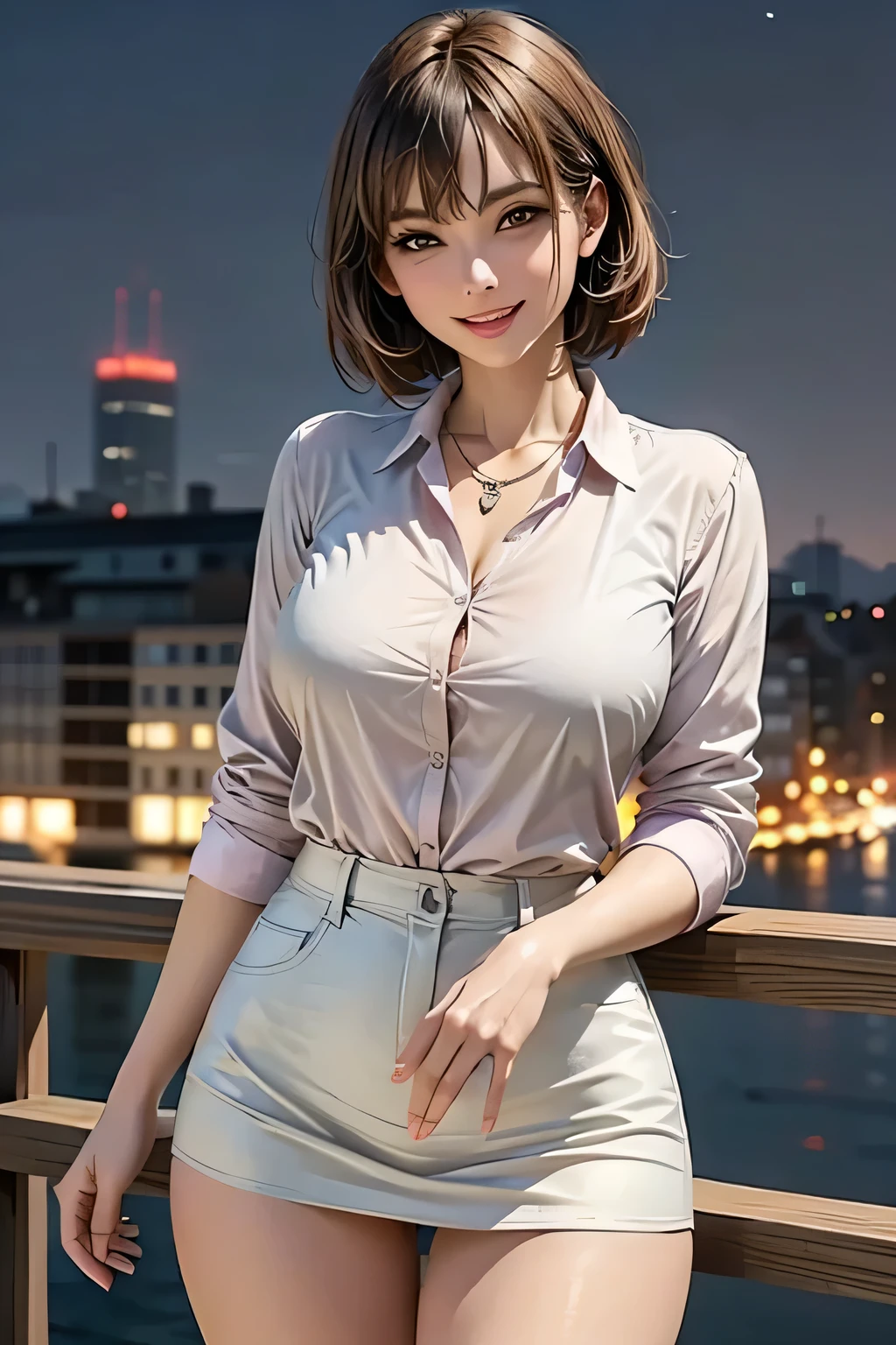 (8K Raw Photo:1.5, highest quality, Masterpiece:1.2), (Realistic, photo-Realistic:1.37), Super detailed,((( 1 girl))),alone、Beautifully detailed skies、Detailed cafe、night、Sitting,Date,(Red nose),(smile:1.15),(Mouth closed) Small breasts,Beautiful fine details,Eye highlights,(shirt:1.1)、night,After the rain,Wet,白いshirt,(short hair:1.2),Floating hair NovaFrogStyle、((whole body)),Adorable,cute,Charming、