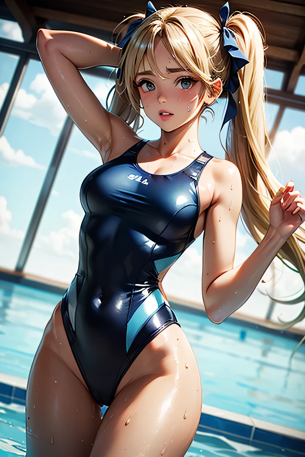  (White background, 1girl:1.4), BREAK,Long blonde hair, blue eyes,Narrow waist,voluptuous Breasts,(one-piece competitive swimwear,one-piece competition swimsuit:1.6), blush,Open your mouth,(covered nipples:1.2)