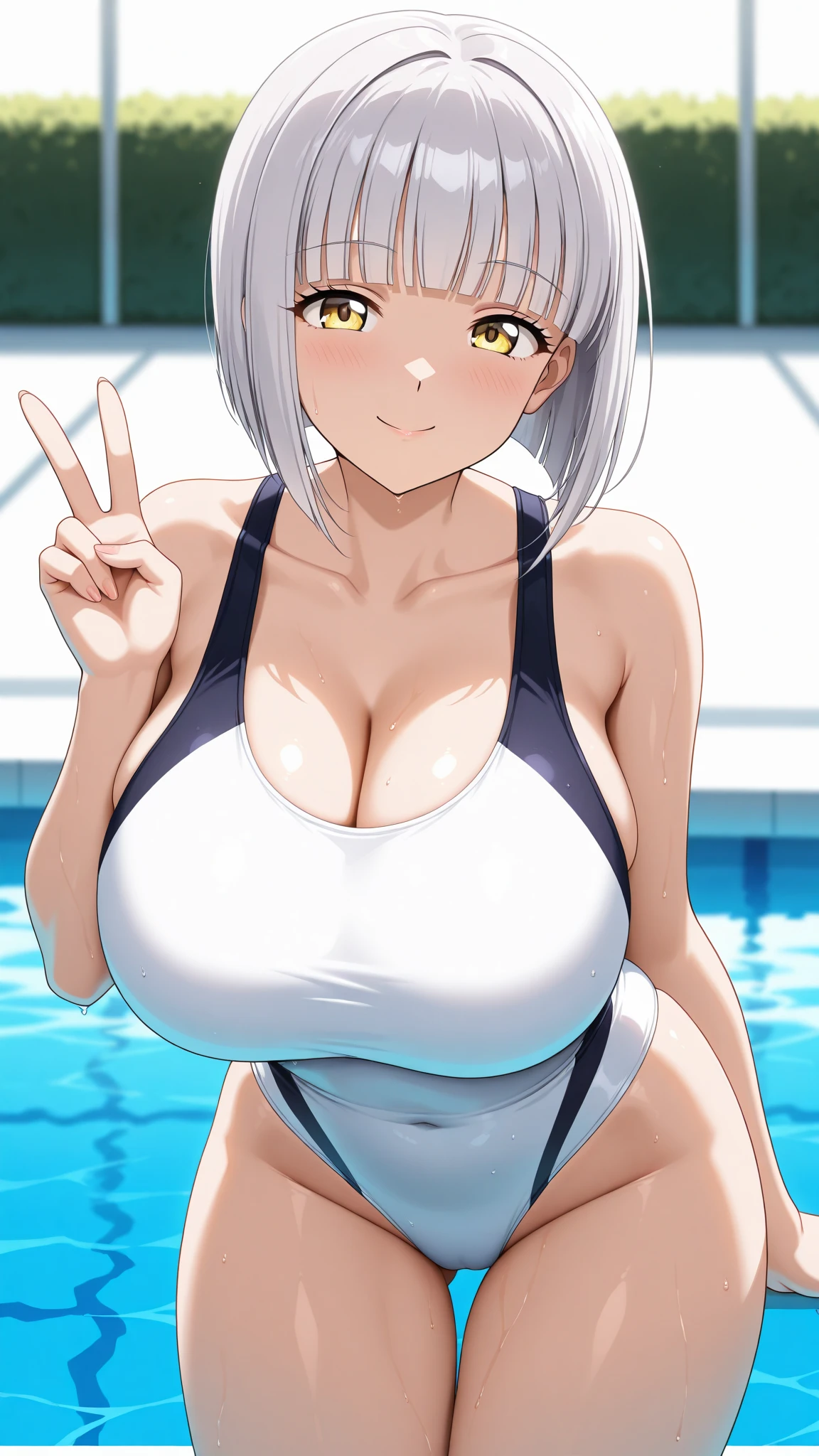 masterpiece, best quality, ultra-detailed, illustration, colorful, flat color, depth of field, lens flare, 1girl, shirogane noel, (white hair), green eyes, short hair, anime, (closeup), detailed skin texture, beautiful detailed face, (bikini, bikini skirt), seductive smile, alluring attire, collarbone, (saggy breasts, gigantic breasts), curvy, plump, milf