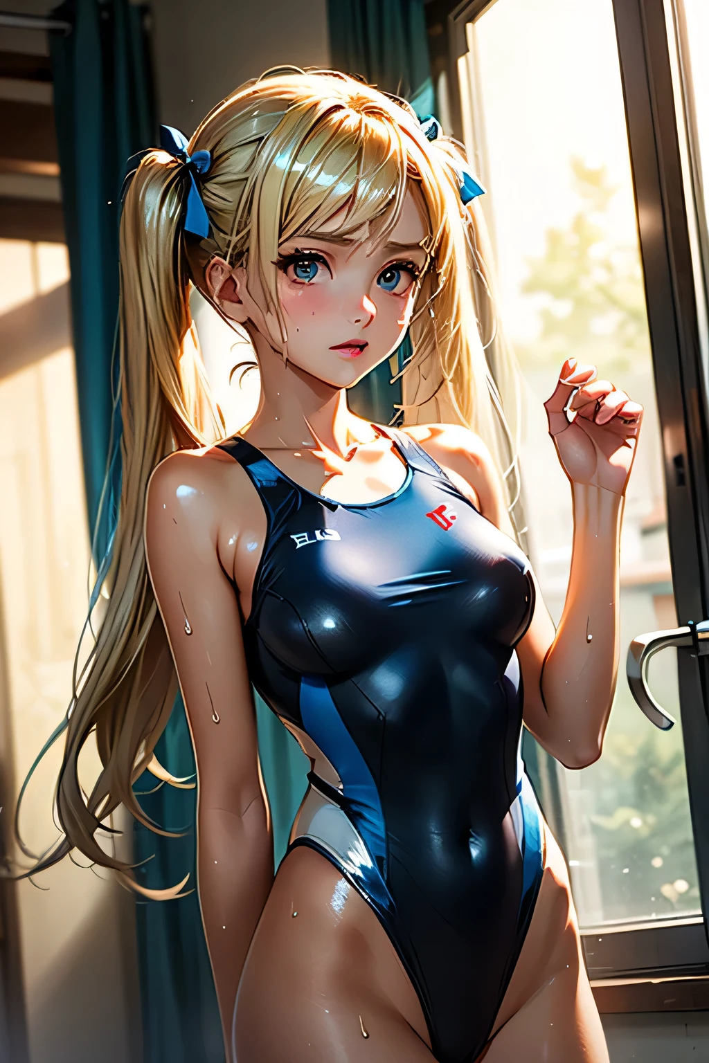 (Official art、Best Quality、Unity 8k Wallpapers、32K、masterpiece、ultra-detailliert、超A high resolution、realisitic、Photorealsitic:1.2)、(Cinematic lighting:1.2)、(Full body)、Realistic pupils、Sharp pupils、gymnast、foco nítido、Wearing a brightly colored leotard、highleg leotard、(Embarrassed look:1.2)、I opened my mouth a little.、A slight smil、Gymnastics competition venue、There were a lot of people in the audience、It has an enthusiastic audience、(During gymnastics competitions)、Beautiful hair of golden color、Blue colored eyes、thighs thighs thighs thighs、poneyTail、(Raise your right arm、Finish Pose:1.2)、(Sweating:1.2)、