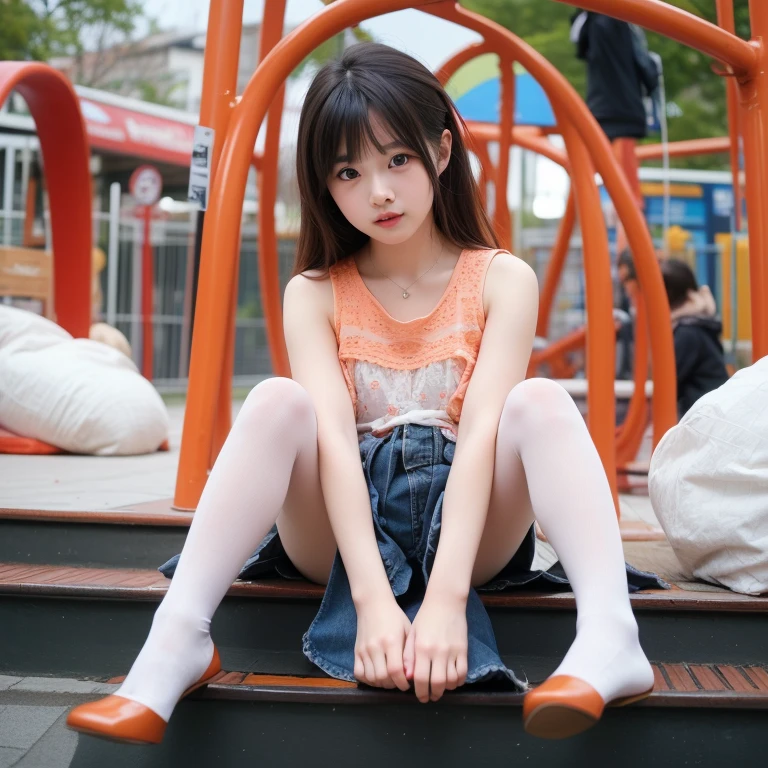 A Female robot is sleeping in forest, spread legs, nude, banzai pose. she wears no dress. She Brown short hair is tied with two big red clothespins, She lifts up the under hem of her white plain dress, leaning over, masterpiece, very short pigtails,brown hair, mature, android, blue eyes, full body figure, Height: 160cm, flushed cheeks, 2020s anime picture, A beautiful robot with short brown hair in two short pigtails held up by two very large huge red clothespins, Uplifting, No NSFW, whole body, barefoot, archaic smile, getting orgasm, 25 years old, sweat bucket.