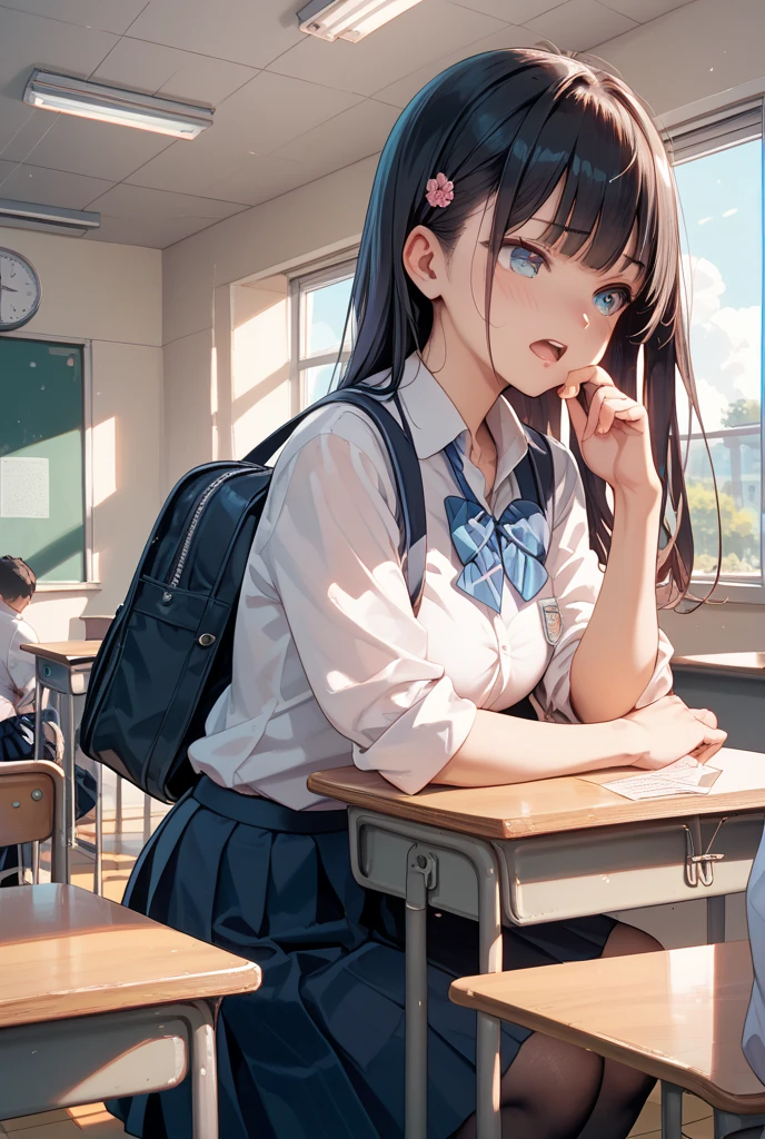 Sweating profusely、Air conditioning is broken、School、In the classroom、Sitting in a chair、Girl、Girl、Short、Younger、Lower school year、Baby Face、flat chest、Dynamic Angle、masterpiece、best quality、ultra-detail、Summer sunshine、Miniskirt、The desks are lined up、There are several classmates behind me.、Clothing、be very anxious、I was so surprised.、Very anxious、window