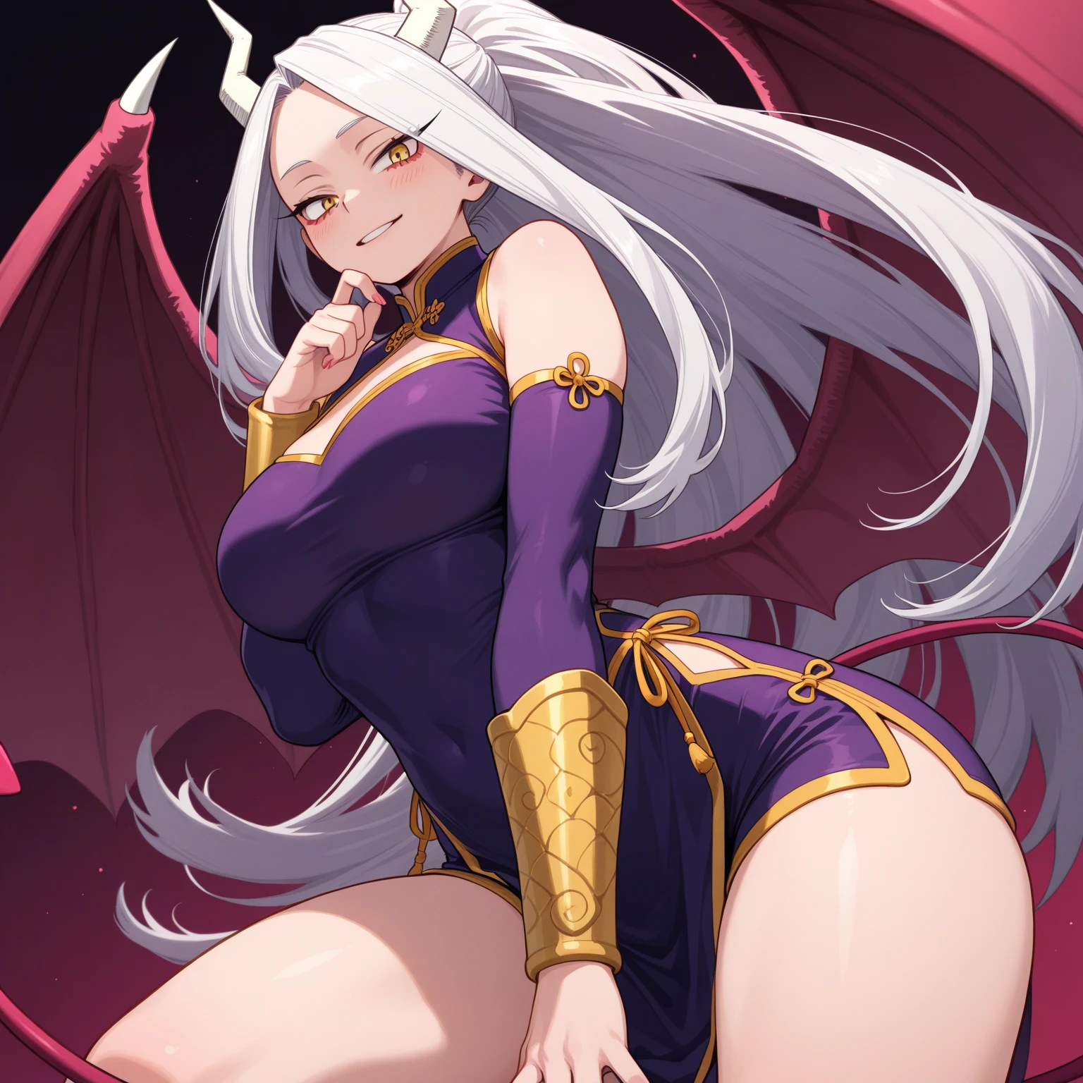 1solo girl Qun Qun Na Olganite dark skin elf succubus, white silver long hair, yellow eyes, white dress, black stockings, white high heels, jewelry necklace, fur coat, big belt heart shaped, portrait full body view from below, detached sleeves arms up showing shaved armpits