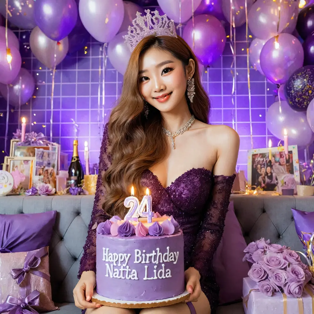 The birthday party of an Asian woman with long hair, she is wearing a glamorous purple birthday attire, sitting with purple balloons and decorations and signs, she is 24 years old, she is holding a purple birthday cake, you can see very clearly the writing on her birthday cake " Happy Birthday Nata Lidia", "24", she is happy, smiling, party balloons, party lights, birthday party decorations around the room, better detail and lighting, high quality photos.