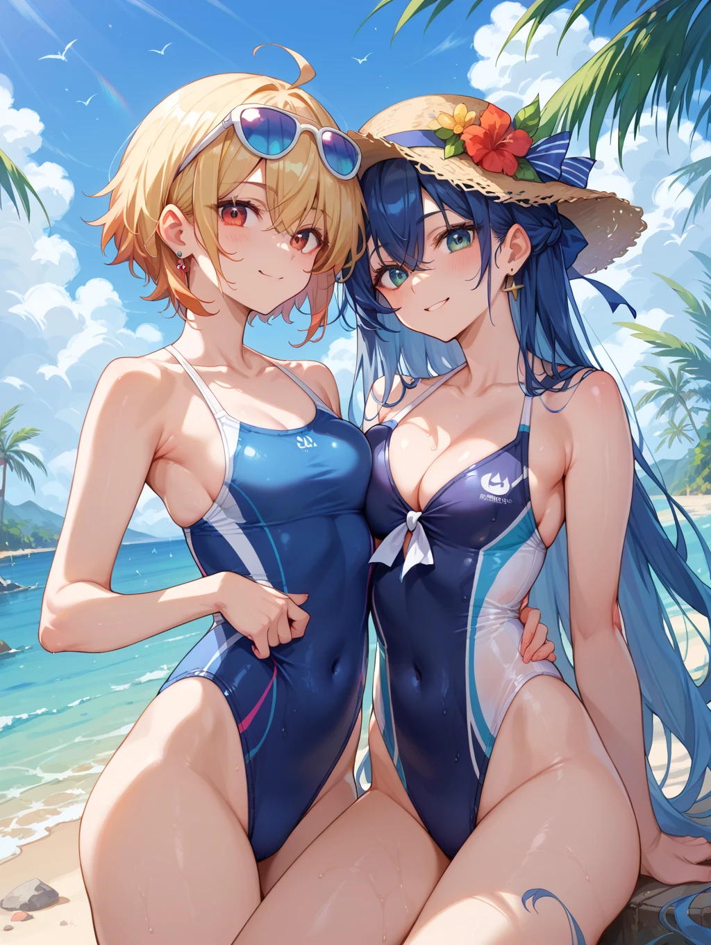 cutesexyrobutts style, amber_(genshin_impact), swimsuit, multiple_girls, bikini, 2girls, breasts, eula_(genshin_impact), brown_hair, smile, outdoors, red_bikini, navel, blue_hair, looking_at_viewer, side-tie_bikini_bottom, white_bikini, hairband, hair_ornament, day, sky, long_hair, flower, hair_flower, open_mouth, cleavage, string_bikini, blue_sky, stomach, medium_breasts, thighs, blush, holding, :d, bangs, bare_shoulders, brown_eyes, cloud, water, halterneck, large_breasts, medium_hair, yellow_eyes, hand_up, black_hairband, collarbone, ribbon, teeth, standing, ocean