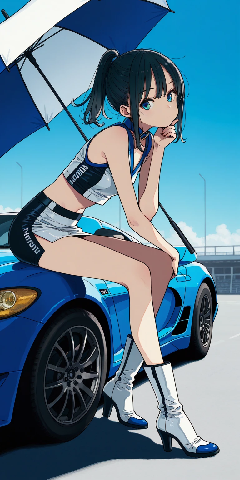 Please draw an illustration of a scantily clad woman driving an open-top car along a road by the sea.。The woman is relaxing with her hair blowing in the wind.、The blue sea and clear sky are in the background.。