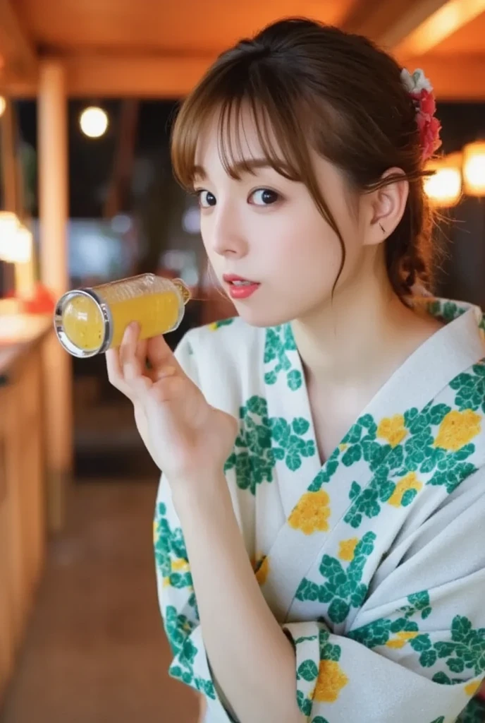 (high quality:1.2,Ultra-realistic) 、Detailed face、Detailed eyes、Beautiful Japanese Woman、22 years old、Black Hair,(Slender body:1.4),(Cleavage)、(breasts out:1.1),The chest is on the table、ryokan, BREAK (wearing pastel color floral pattern Japanese yukata,obi),((ryokan yukata,onsen yukata),Sitting at the table,  (Big smile,Happy expression:Pure joy). she has (updo hair) and、 (Holding a large beer mug on the table)、(no bra,braless:1.3),(blushing:1.5),