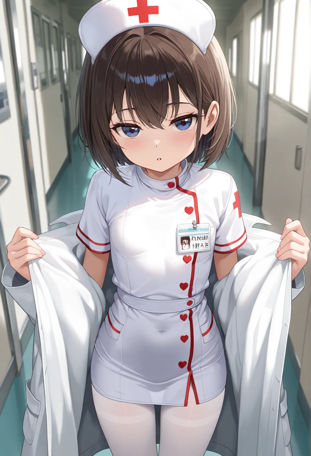 (One girl)、smile、turn around、nurse、nurse、hospital、Dark brown short hair、Dark brown eyes