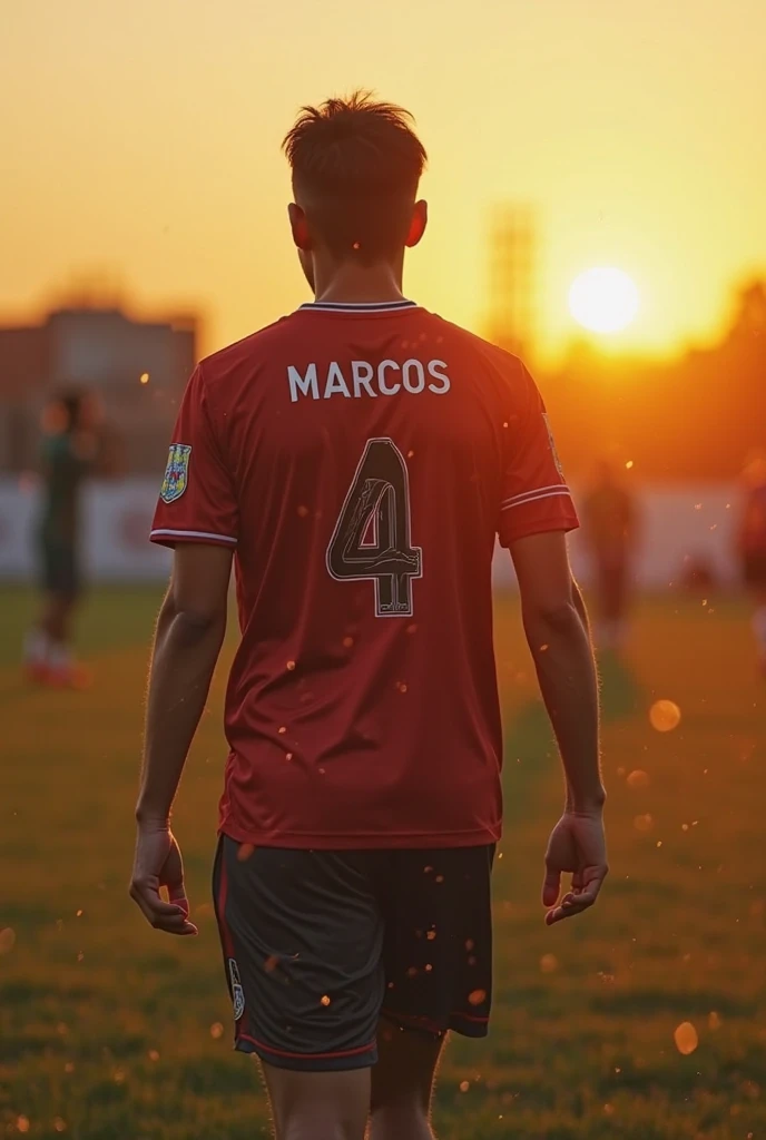 Create a movie cover style image, de um jogador de futebol ⚽ em um campo aberto, and he's back to back with the number 10 on his shirt, and with the colors red, doradas, white and black.