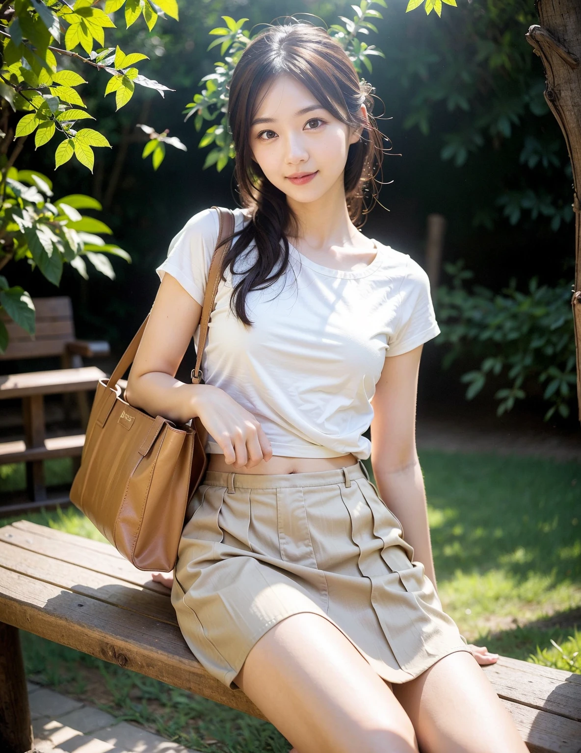 Tabletop, Highest quality, 8K, 16, Large Breasts, RAW Photos, Professional photography, Portraiture, Soft Light, Professional Lighting, alone, (smile:1.1), face, close, cute, Girlish, goddess, Delicate girl, Pure beauty, whole body, Digital SLR, avert your eyes, Frank, Sophisticated, Film Grain,目とfaceのディテールが:1.0), Medium length hair swaying in the wind, bangs, White T-shirt, Fashionable skirt,Hold the skirt with both hands、(Roll up your skirt:1.3),Sexy lace panties,Tight panties、Camel Toe、Long legs